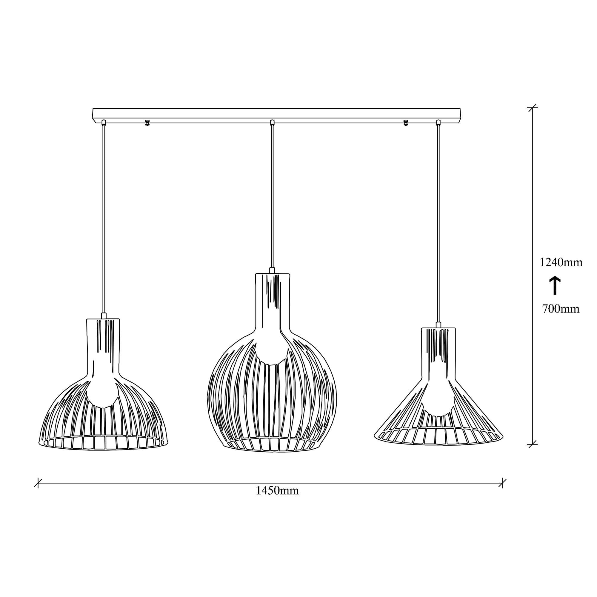 Candeeiro de Teto industrial preto, corpo de ferro, 145 x 38 cm, altura ajustável, 3 soquetes E27, design moderno para casa e escritório, solução de iluminação elegante