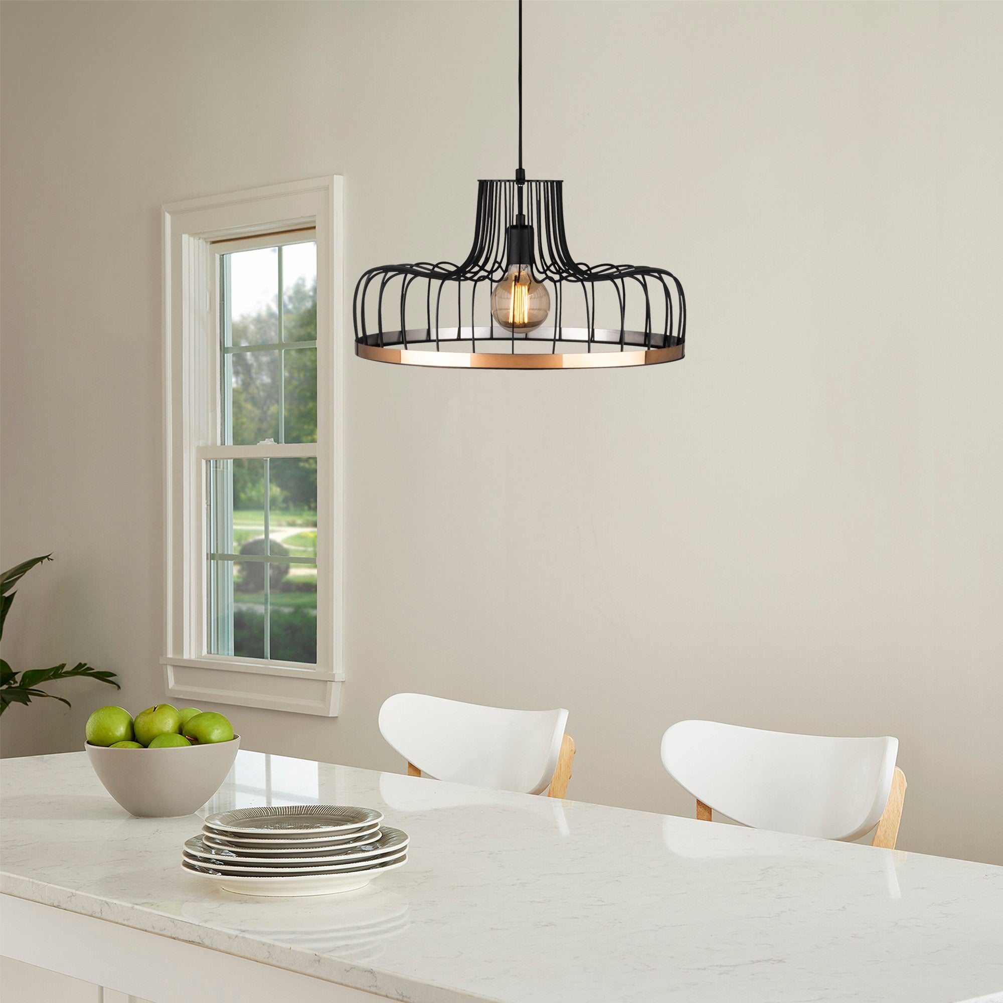 Candeeiro de Teto Industrial, Preto e Cobre, 53 cm de Diâmetro, Altura Ajustável, E27 Máx. 40 W | Corpo de Metal Elegante, Perfeito para Espaços Modernos, Classificação IP20
