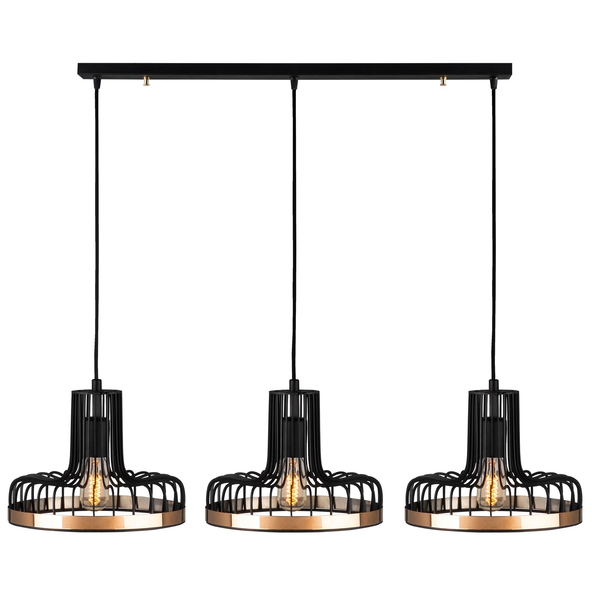 Candeeiro de Teto Industrial Moderno, Preto e Cobre, 100 x 20 cm | Altura Ajustável, Corpo em Metal, 3 Soquetes E27 | Iluminação Elegante para Casa e Escritório
