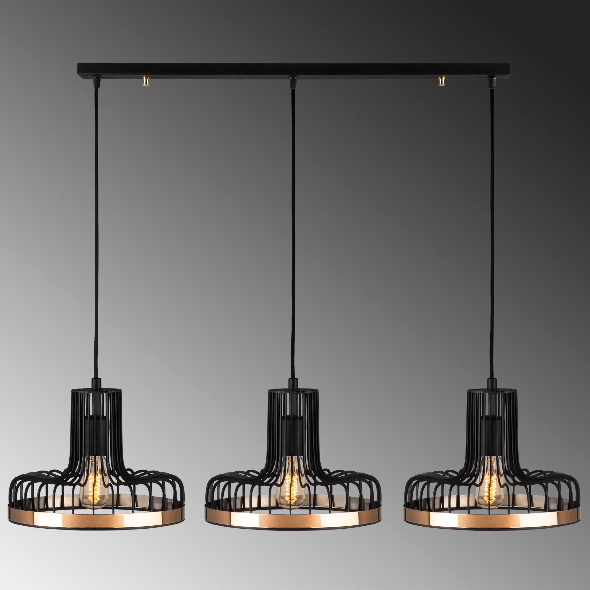 Candeeiro de Teto Industrial Moderno, Preto e Cobre, 100 x 20 cm | Altura Ajustável, Corpo em Metal, 3 Soquetes E27 | Iluminação Elegante para Casa e Escritório