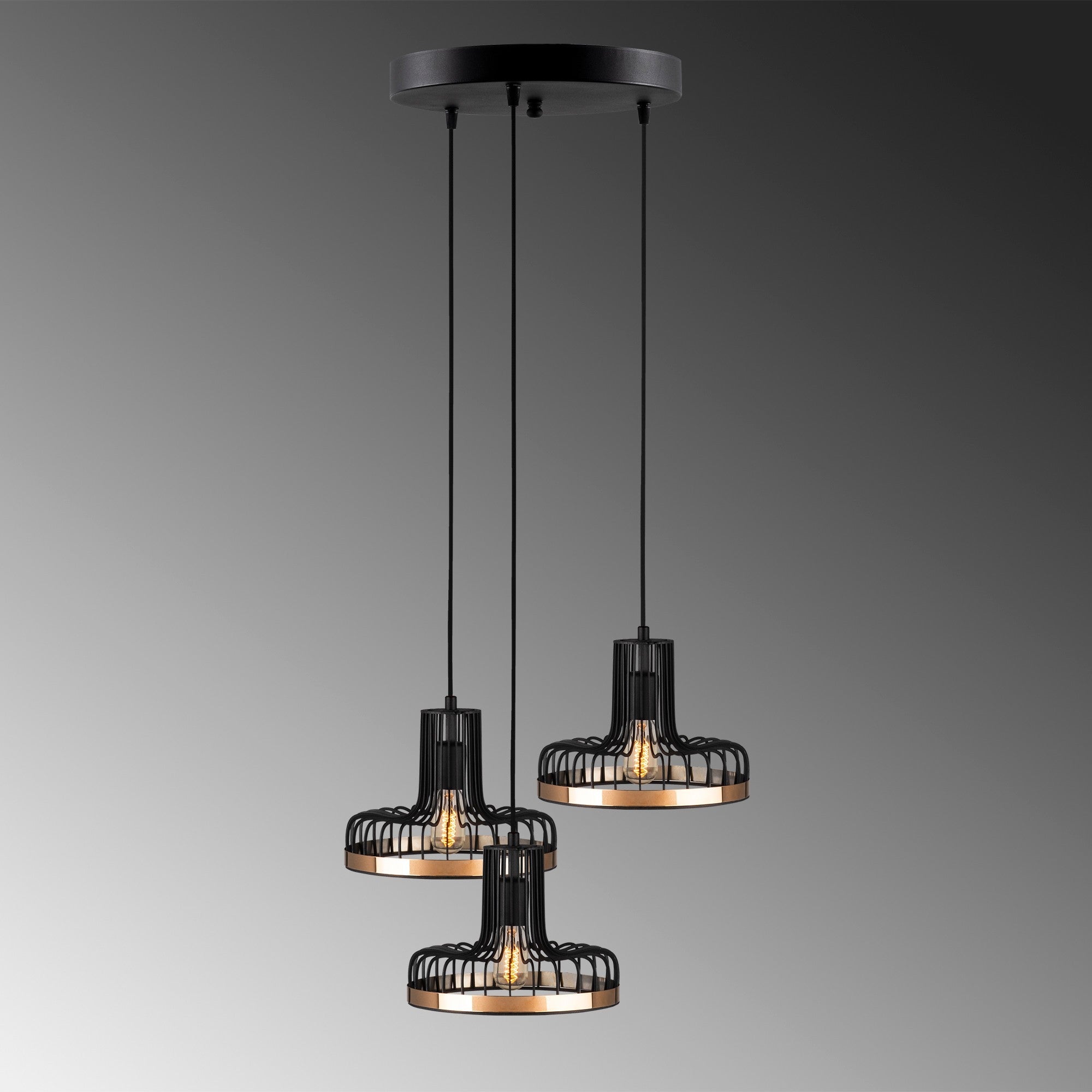 Candeeiro de Teto Industrial Moderno, Preto e Cobre, 40 cm de Diâmetro, 116 cm de Altura | Ajustável, 3 Soquetes E27, Iluminação Elegante para Casa e Escritório