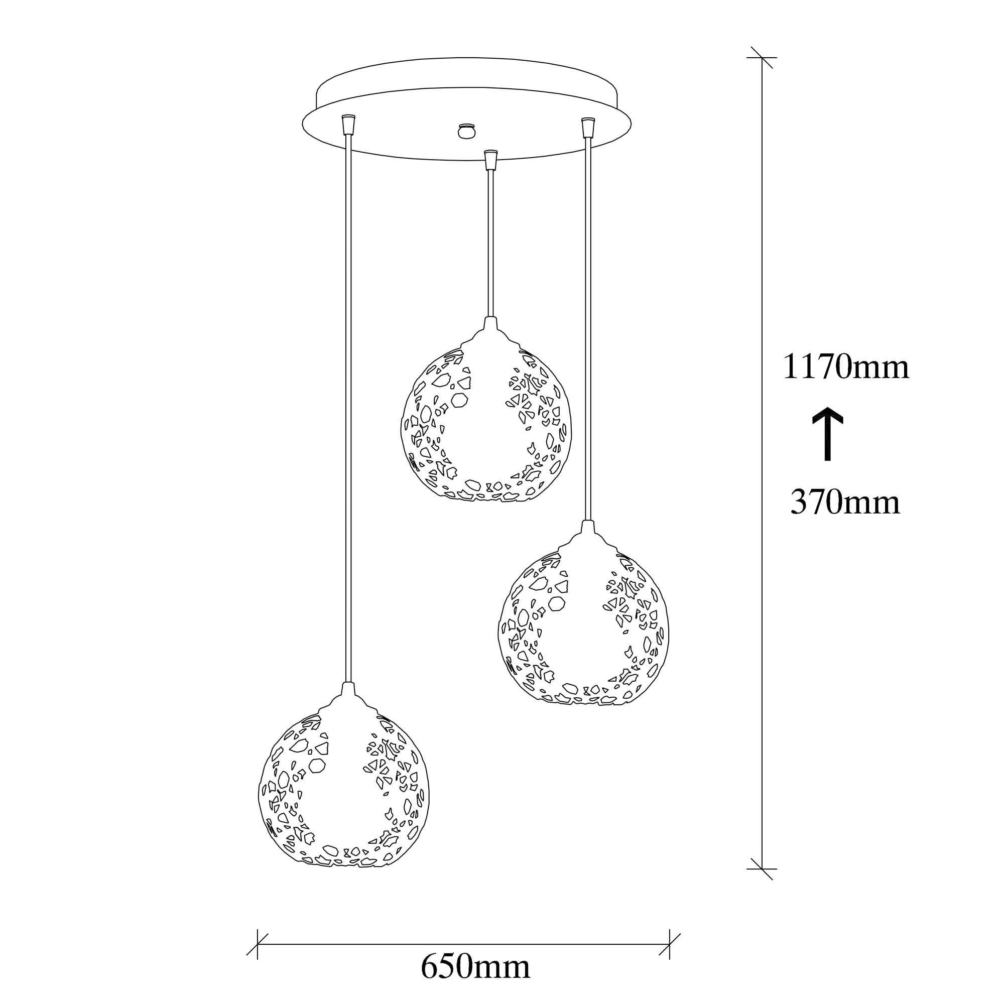 Candeeiro de Teto preto moderno, corpo de metal, 65 cm de diâmetro, altura ajustável, 3 soquetes E27, design elegante para casa e escritório | Classificação IP20