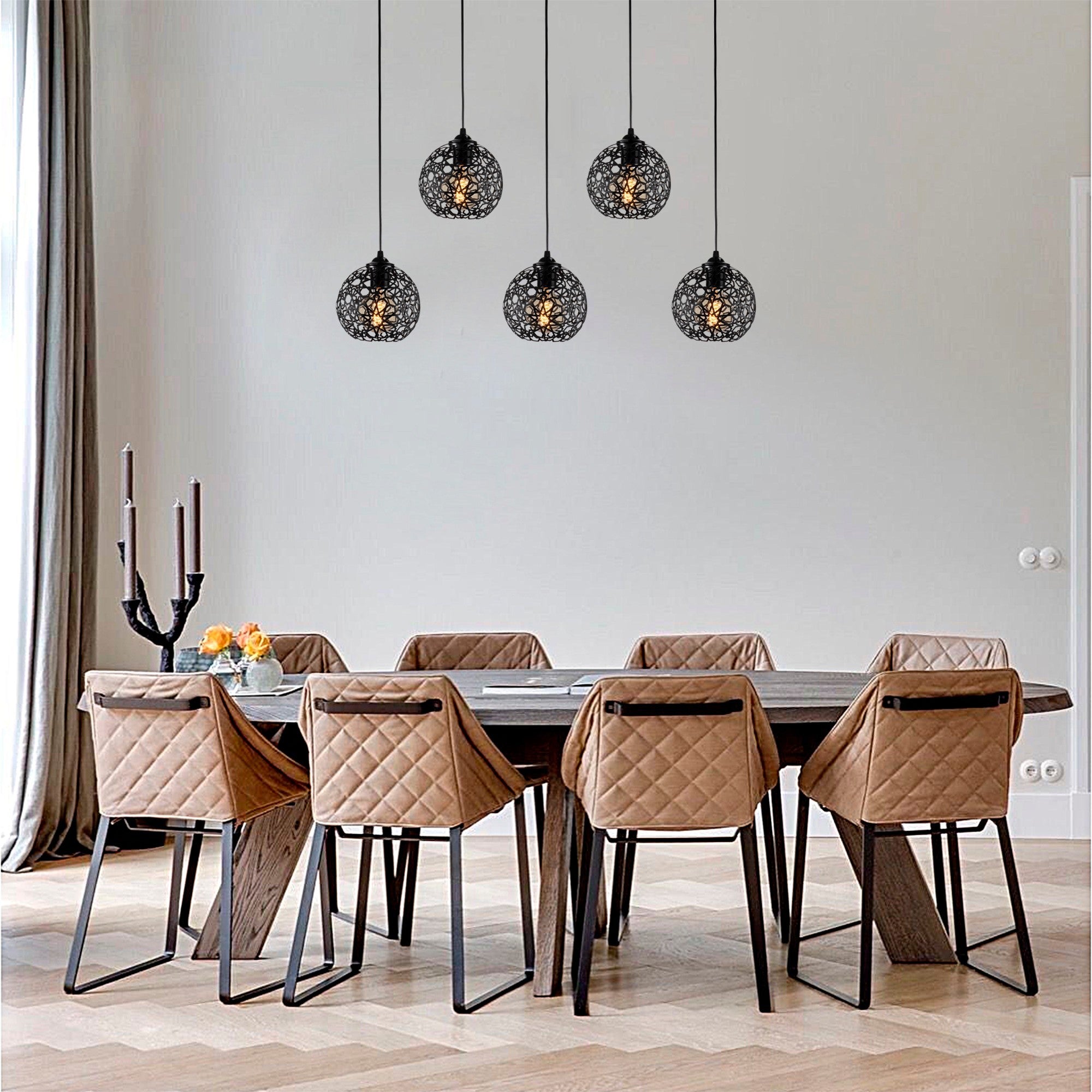 Candeeiro de Teto preto moderno, corpo de metal, 100 x 17 cm, altura 119 cm, ajustável, 5 x E27 máx. 40 W, design elegante para iluminação residencial e de escritório