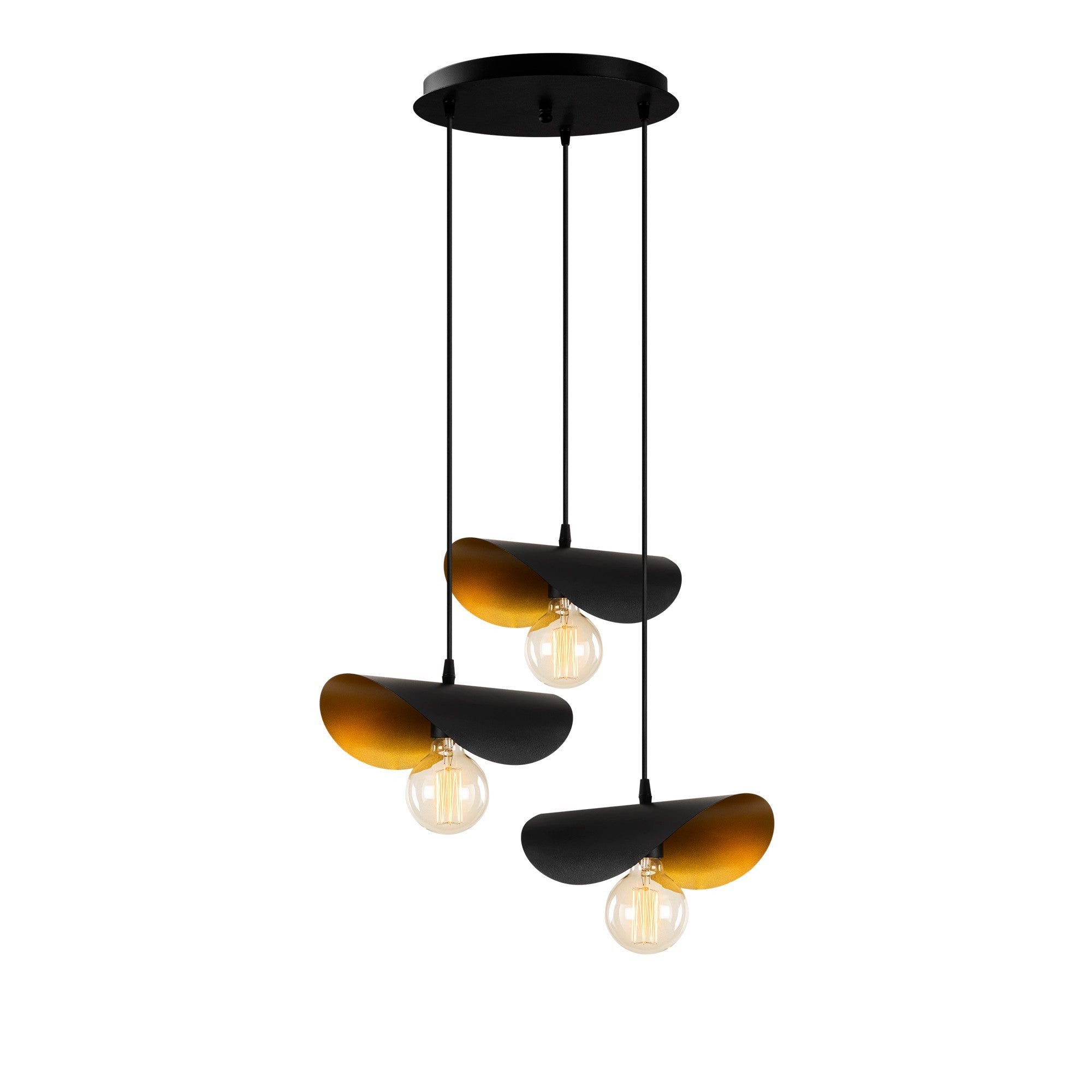 Candeeiro de Teto Industrial Moderno, Preto e Dourado, 45 cm de Diâmetro, 106 cm de Altura | 3 Soquetes E27, Cabo de 90 cm | Iluminação Elegante para Casa e Escritório