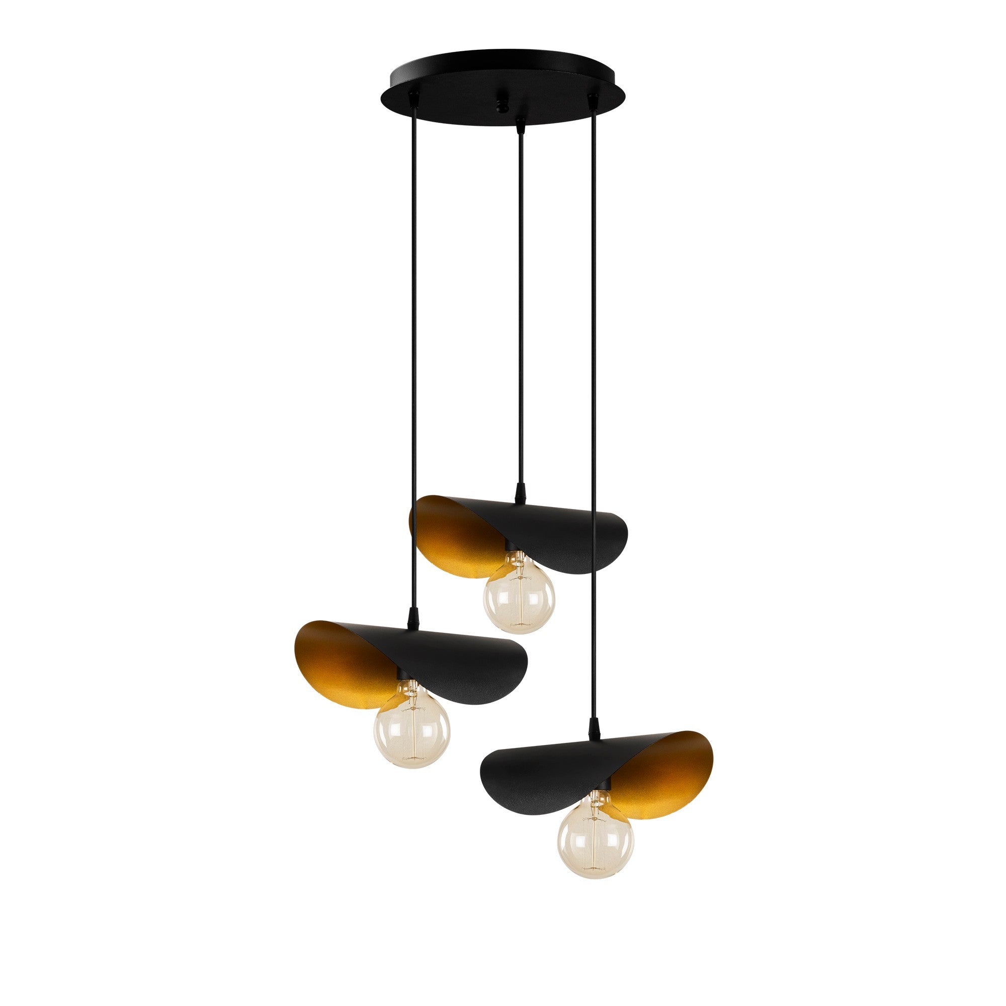 Candeeiro de Teto Industrial Moderno, Preto e Dourado, 45 cm de Diâmetro, 106 cm de Altura | 3 Soquetes E27, Cabo de 90 cm | Iluminação Elegante para Casa e Escritório