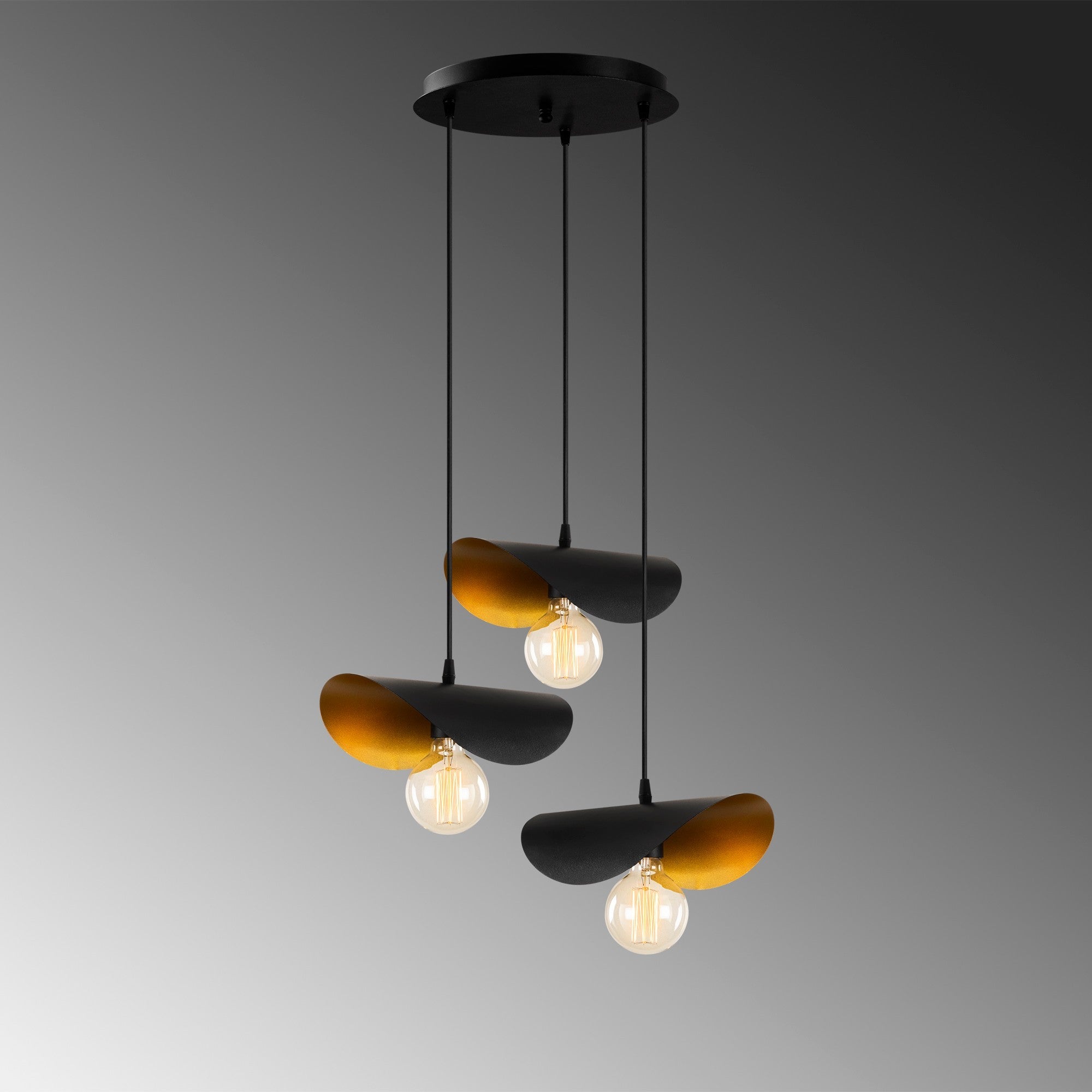 Candeeiro de Teto Industrial Moderno, Preto e Dourado, 45 cm de Diâmetro, 106 cm de Altura | 3 Soquetes E27, Cabo de 90 cm | Iluminação Elegante para Casa e Escritório