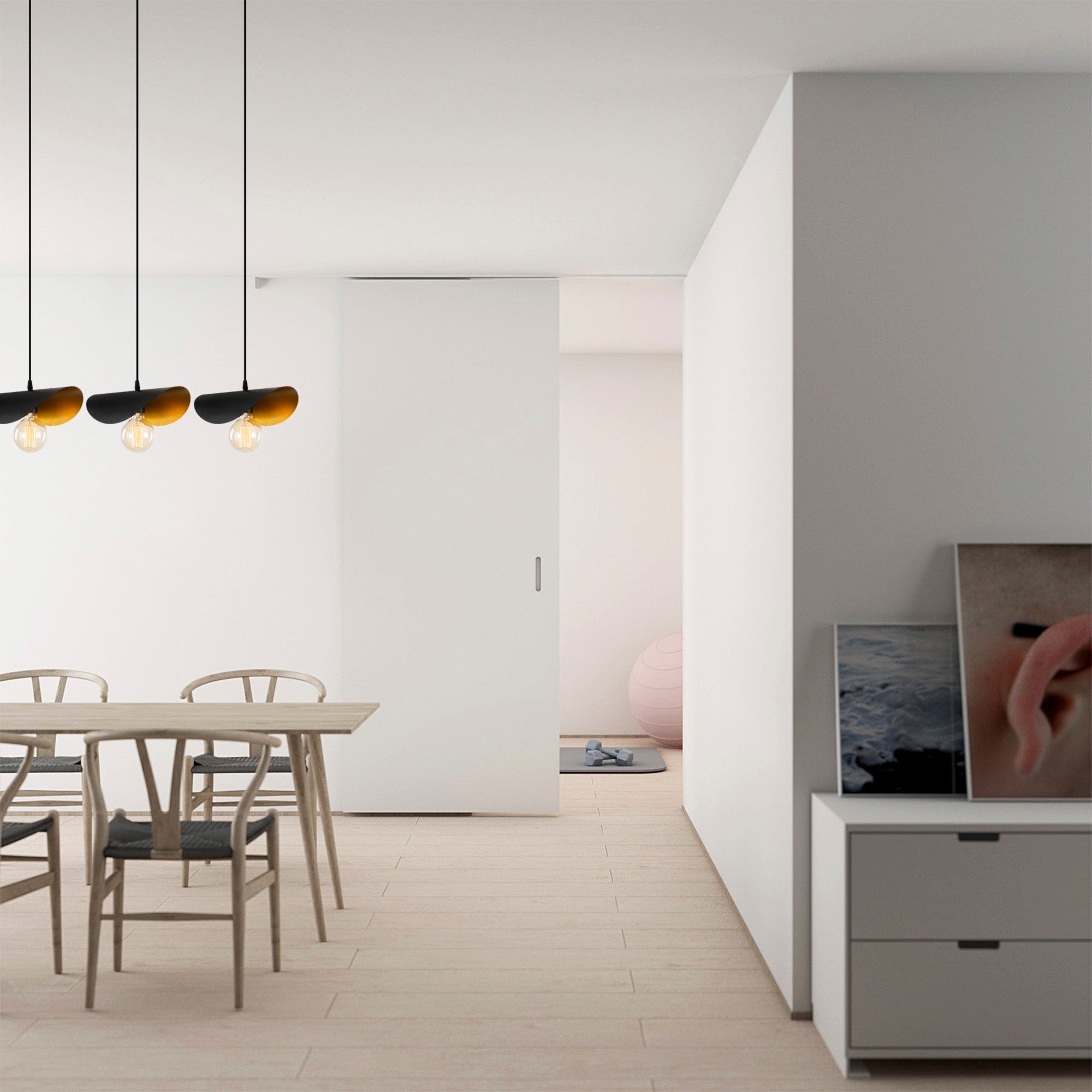 Candeeiro de Teto Industrial Moderno, Preto e Dourado, 80 x 17 cm, Altura 106 cm | Corpo de Metal, 3 Soquetes E27, Cabo de 90 cm | Iluminação Elegante para Casa e Escritório