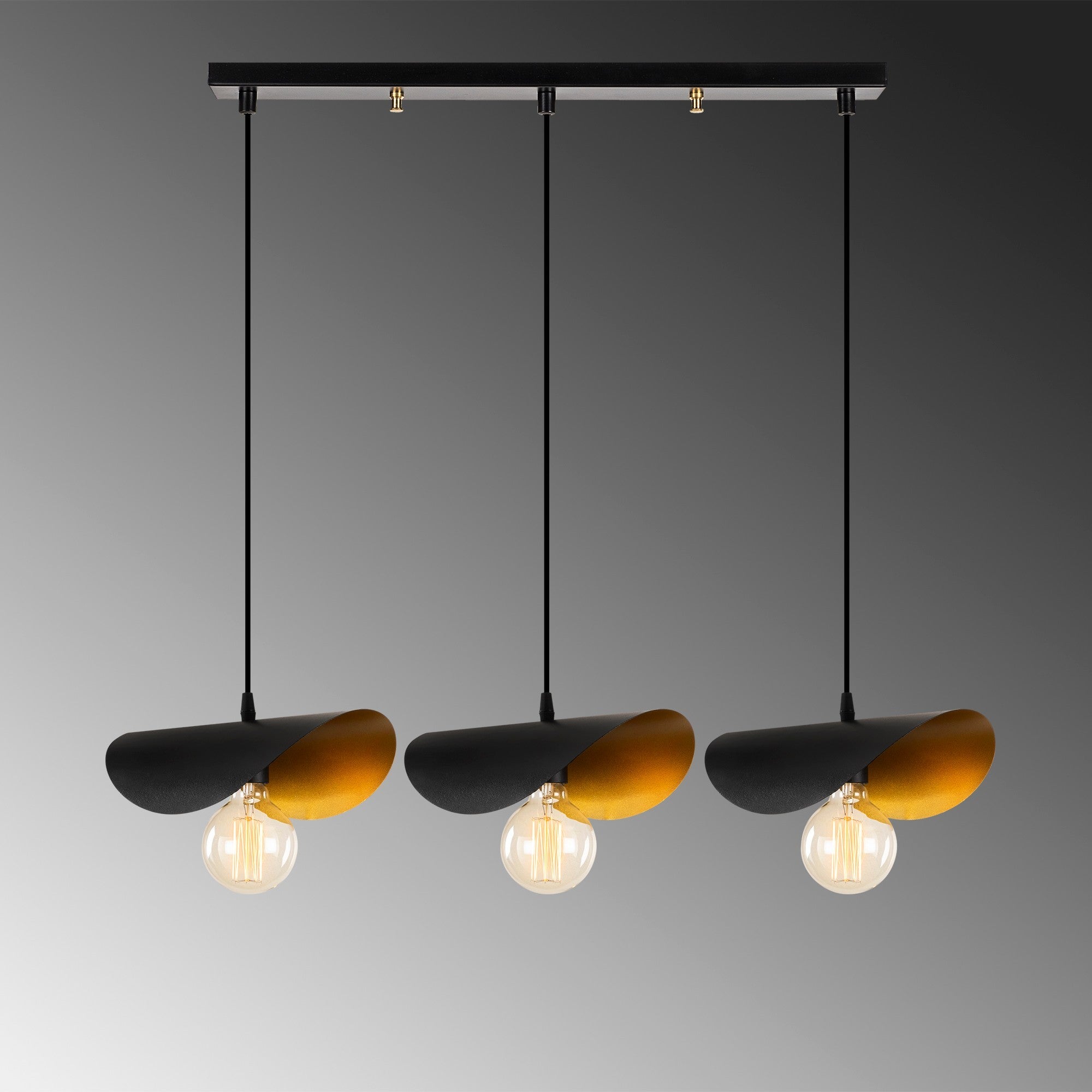 Candeeiro de Teto Industrial Moderno, Preto e Dourado, 80 x 17 cm, Altura 106 cm | Corpo de Metal, 3 Soquetes E27, Cabo de 90 cm | Iluminação Elegante para Casa e Escritório