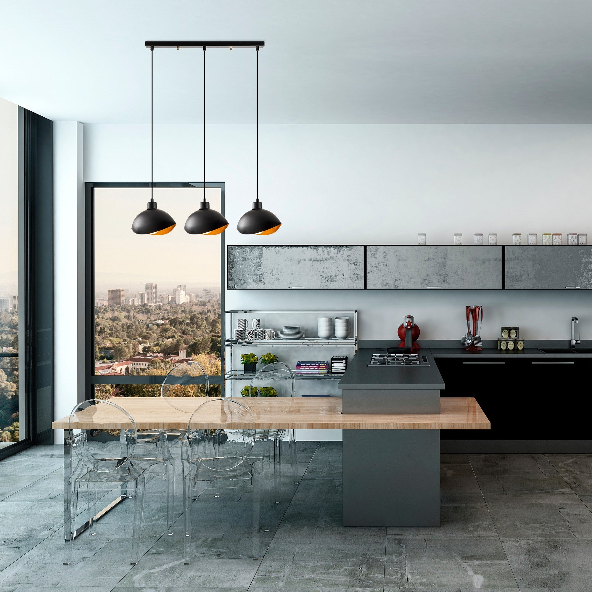 Candeeiro de Teto moderno preto, corpo de metal, 75 x 15 cm, altura 112 cm | 3 soquetes E27, IP20 | Design industrial e escandinavo elegante para decoração de casa