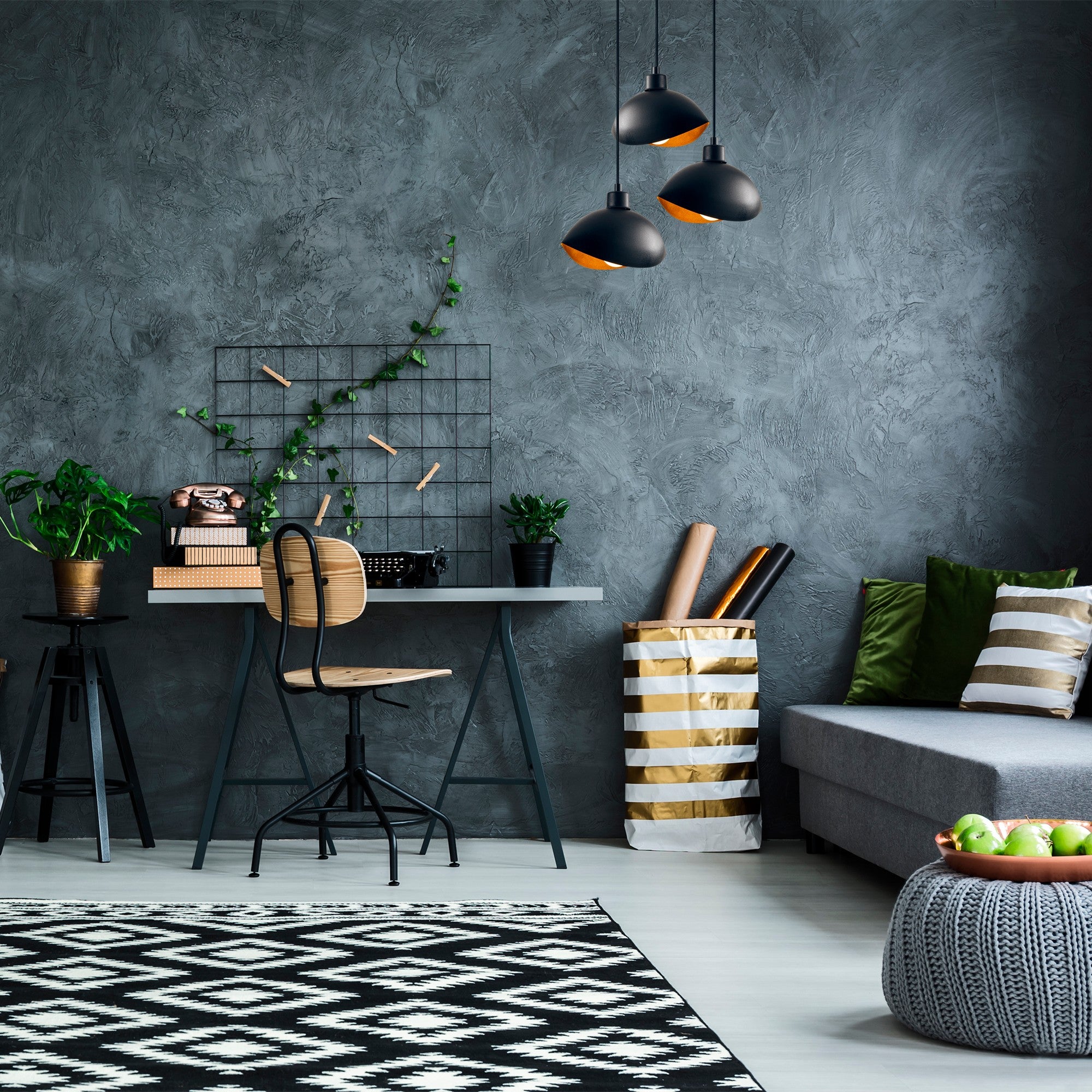 Candeeiro de Teto preto moderno, 50 cm de diâmetro, 112 cm de altura | Corpo de ferro, 3 soquetes E27, design industrial e escandinavo | Perfeito para decoração de casa e escritório