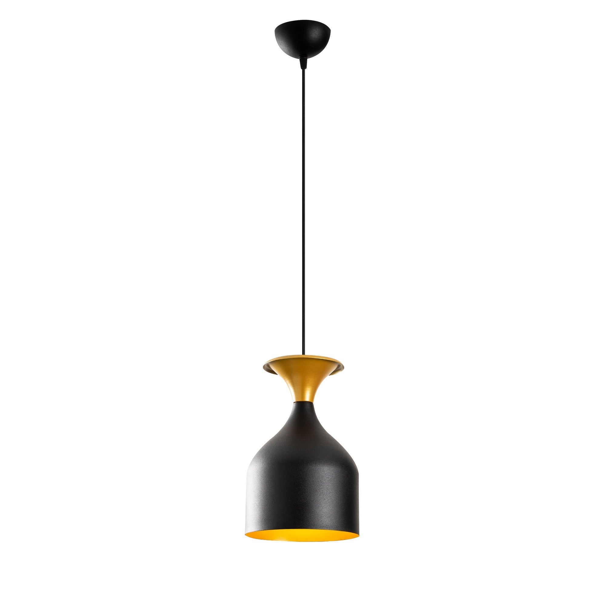 Candeeiro de Teto Escandinavo Elegante, Preto e Dourado, 17 cm de Diâmetro, 113 cm de Altura | Corpo em Metal, Soquete E27, Cabo de 90 cm | Iluminação Elegante para Espaços Modernos