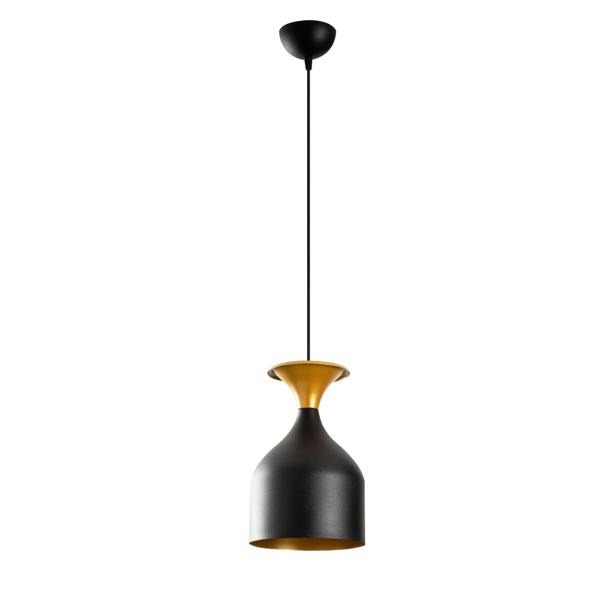 Candeeiro de Teto Escandinavo Elegante, Preto e Dourado, 17 cm de Diâmetro, 113 cm de Altura | Corpo em Metal, Soquete E27, Cabo de 90 cm | Iluminação Elegante para Espaços Modernos