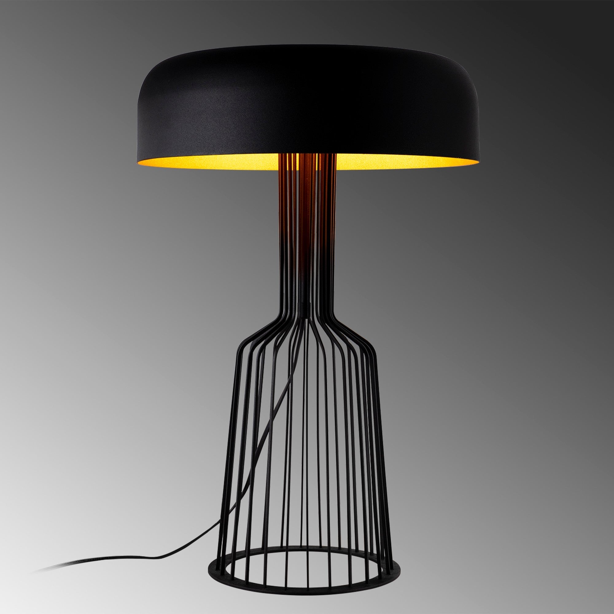 Candeeiro de Mesa Industrial Moderna, Preta e Dourada, 36 cm de Diâmetro, 57 cm de Altura | Corpo em Ferro, Soquete E27, 40 W Máx., Cabo de 200 cm | Iluminação Elegante para Casa e Escritório