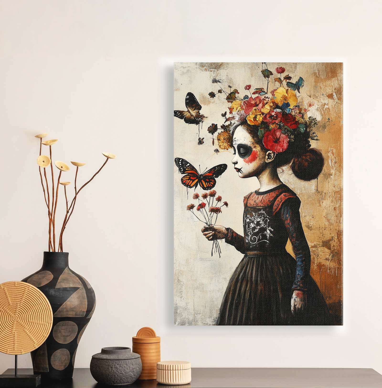 Quadro Decorativo em Tela 45x70cm - Arte Multicolor em Madeira de Pinho Natural