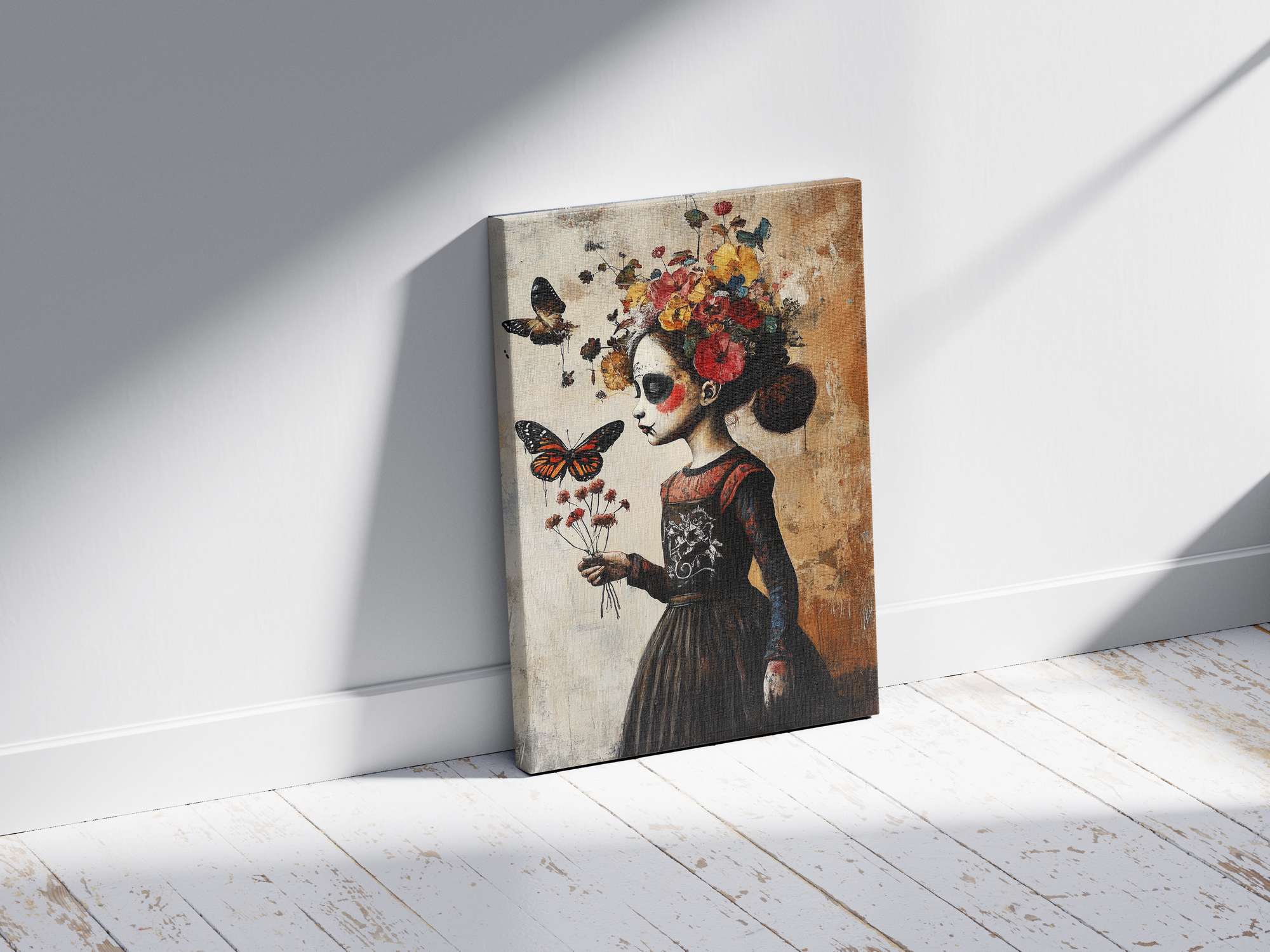 Quadro Decorativo em Tela 45x70cm - Arte Multicolor em Madeira de Pinho Natural