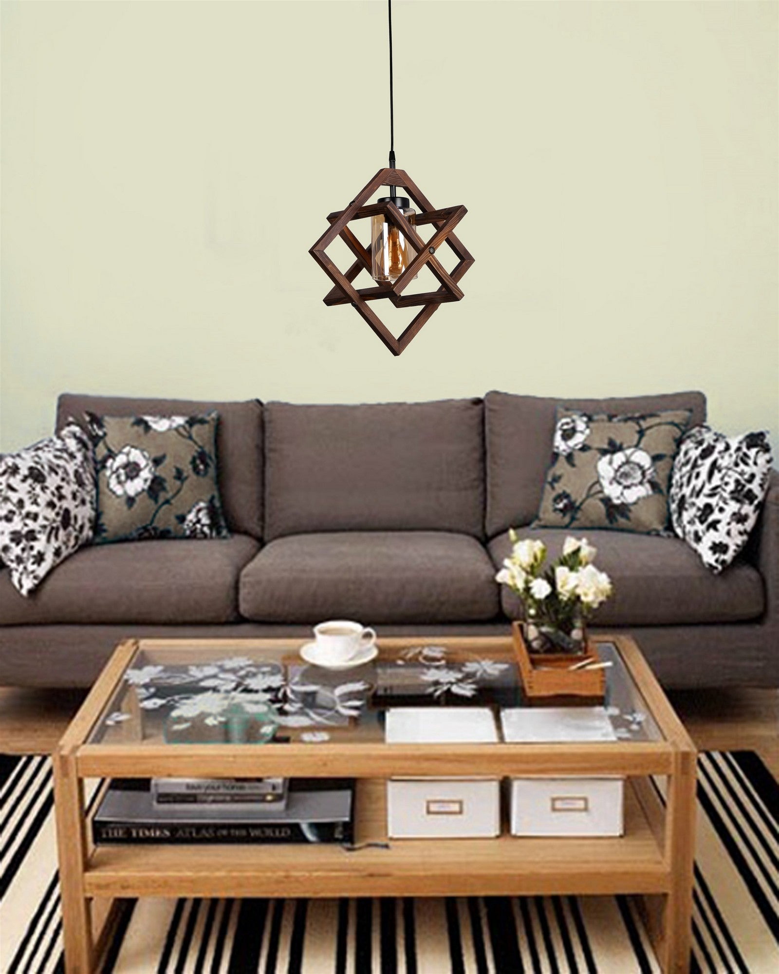 Candeeiro de Teto rústico – 43 cm de diâmetro – Noz – Madeira e metal