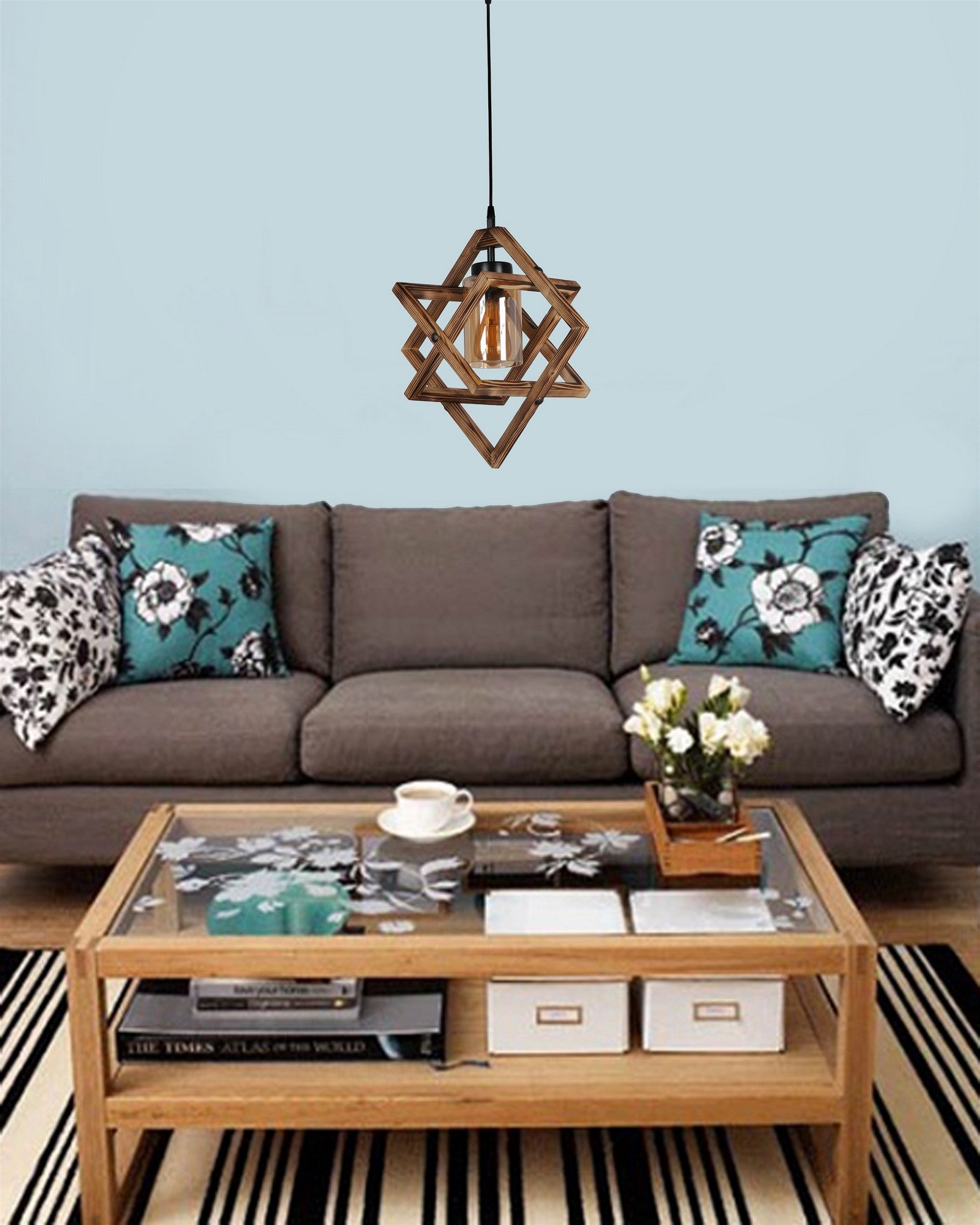 Candeeiro de Teto rústico – 43 cm – marrom – madeira e metal