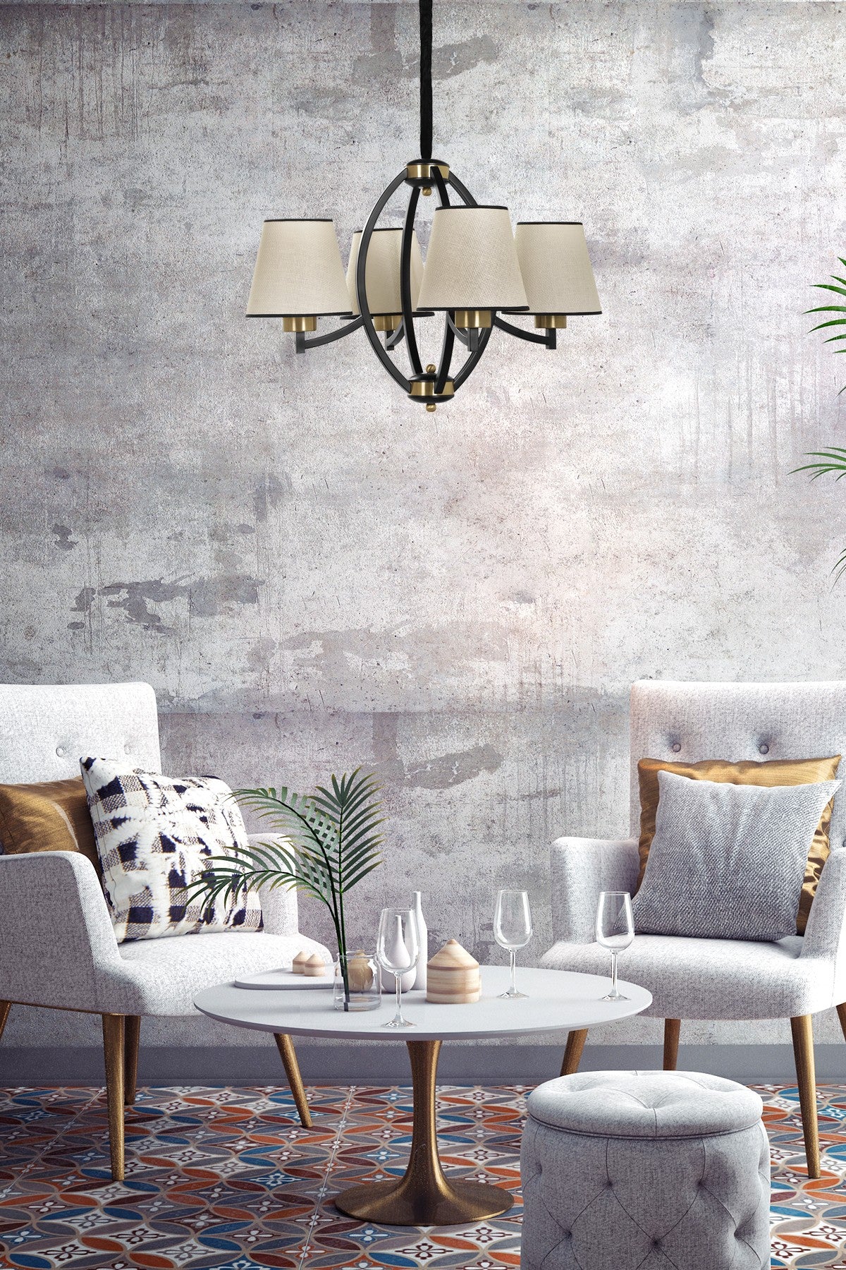 Candeeiro de Teto – 60 cm – Bege, Preto, Dourado – Metal