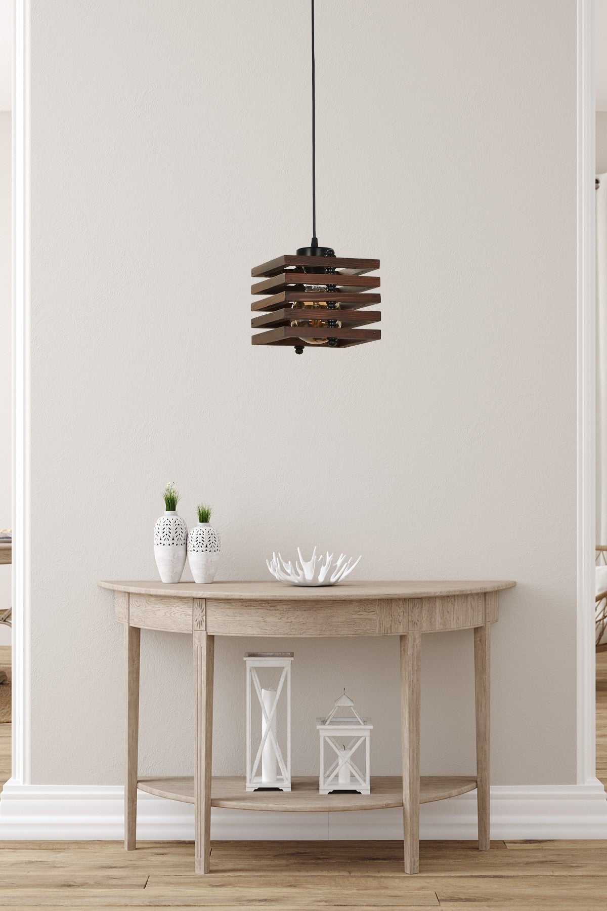 Candeeiro de Teto – Diâmetro 18 cm – altura 70 cm – cor Marrom – material Madeira