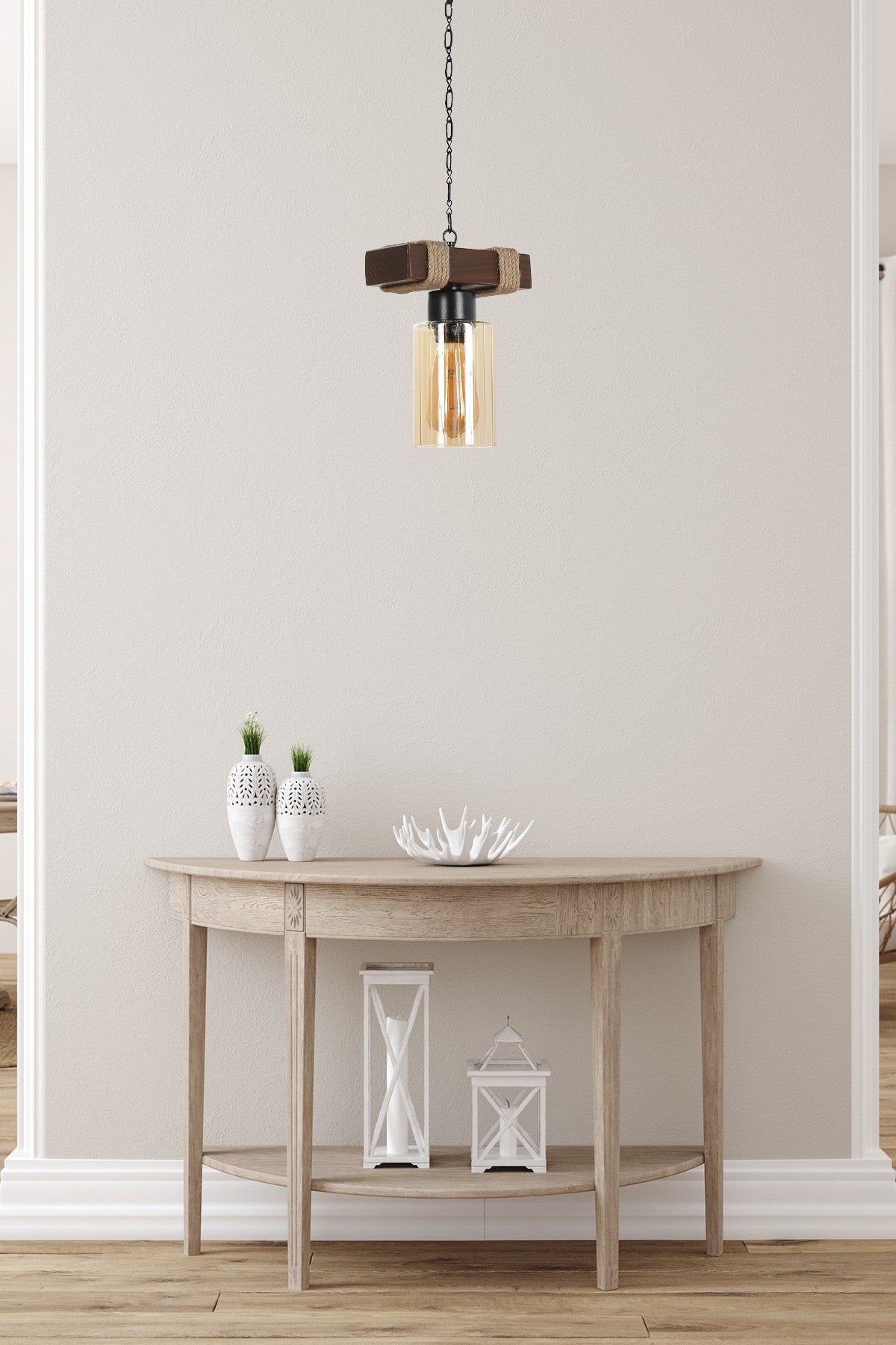Candeeiro de Teto – 70 cm – Amarelo – Madeira e vidro