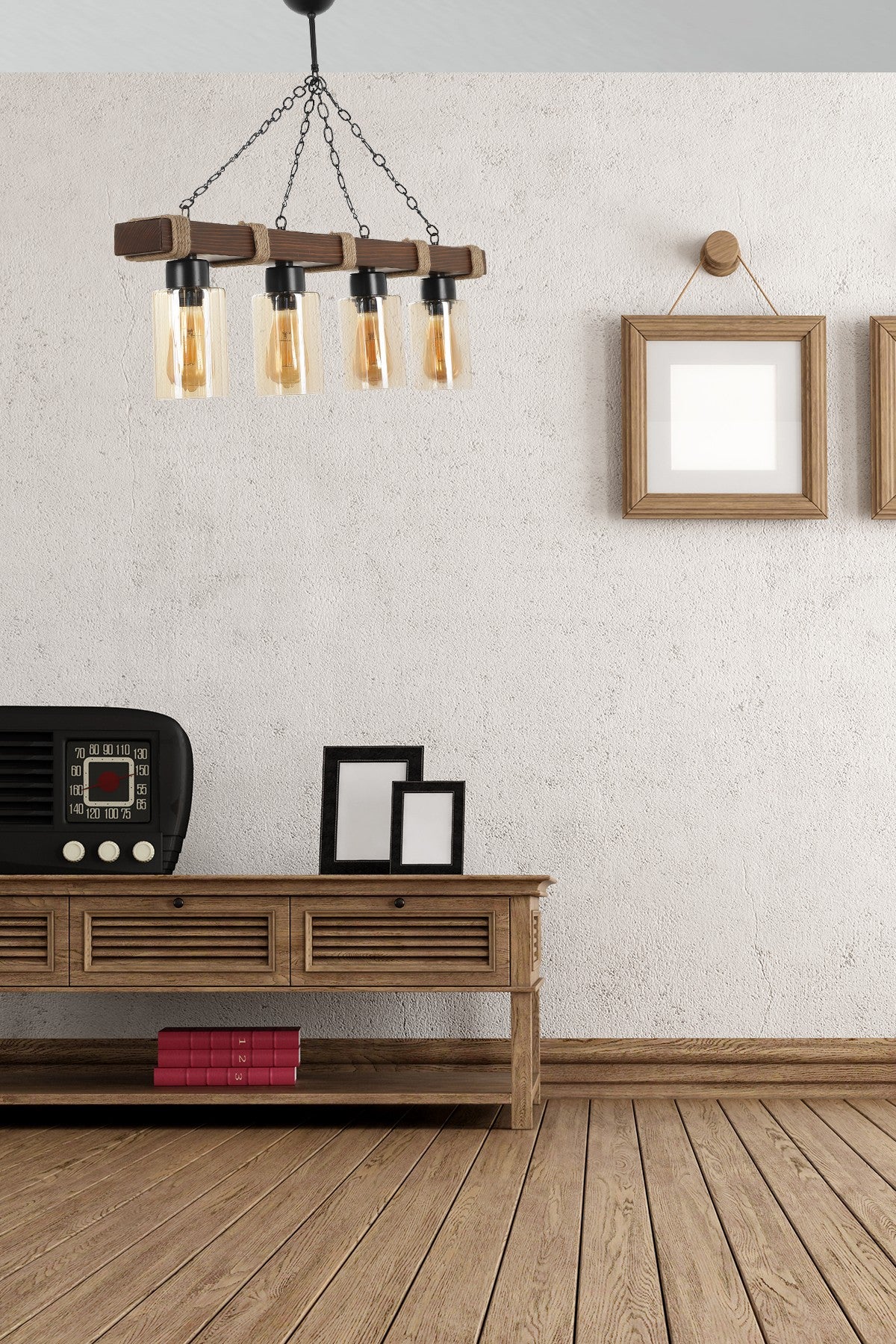 Candeeiro de Teto – 18 cm diâmetro, 70 cm altura – Amarelo – Madeira e vidro