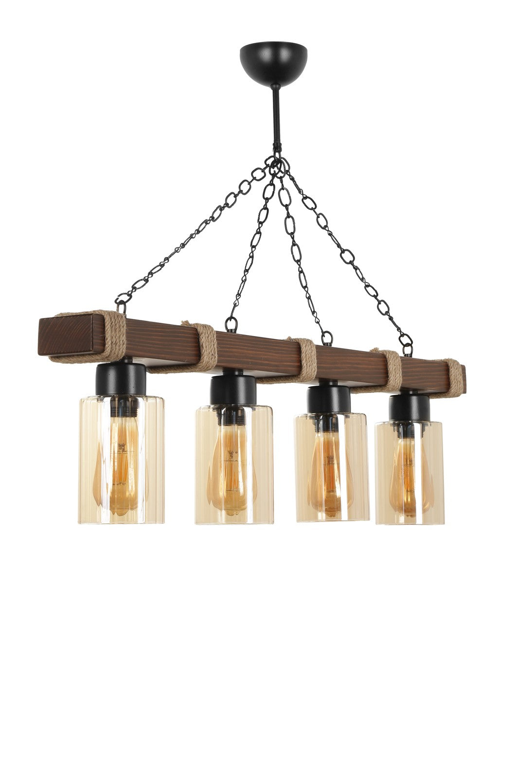 Candeeiro de Teto – 18 cm diâmetro, 70 cm altura – Amarelo – Madeira e vidro