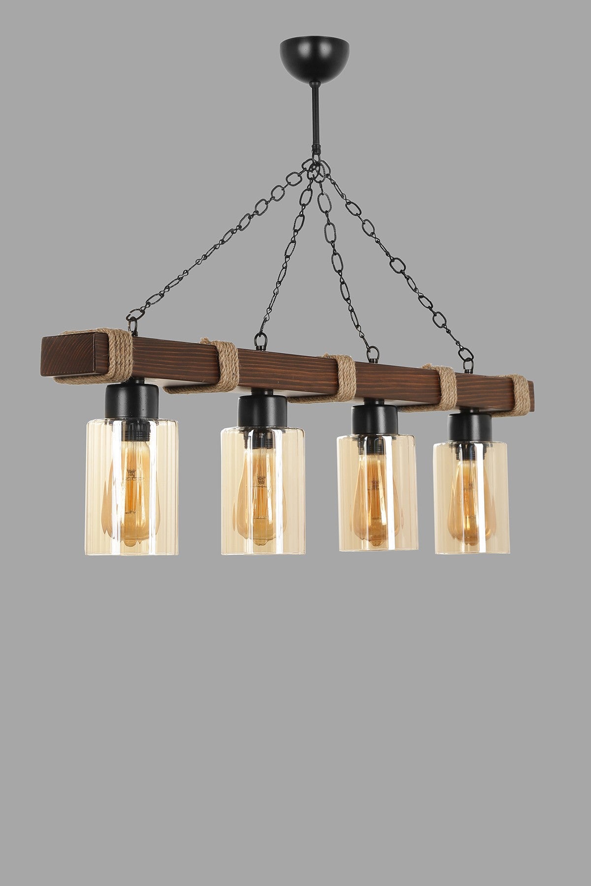 Candeeiro de Teto – 18 cm diâmetro, 70 cm altura – Amarelo – Madeira e vidro