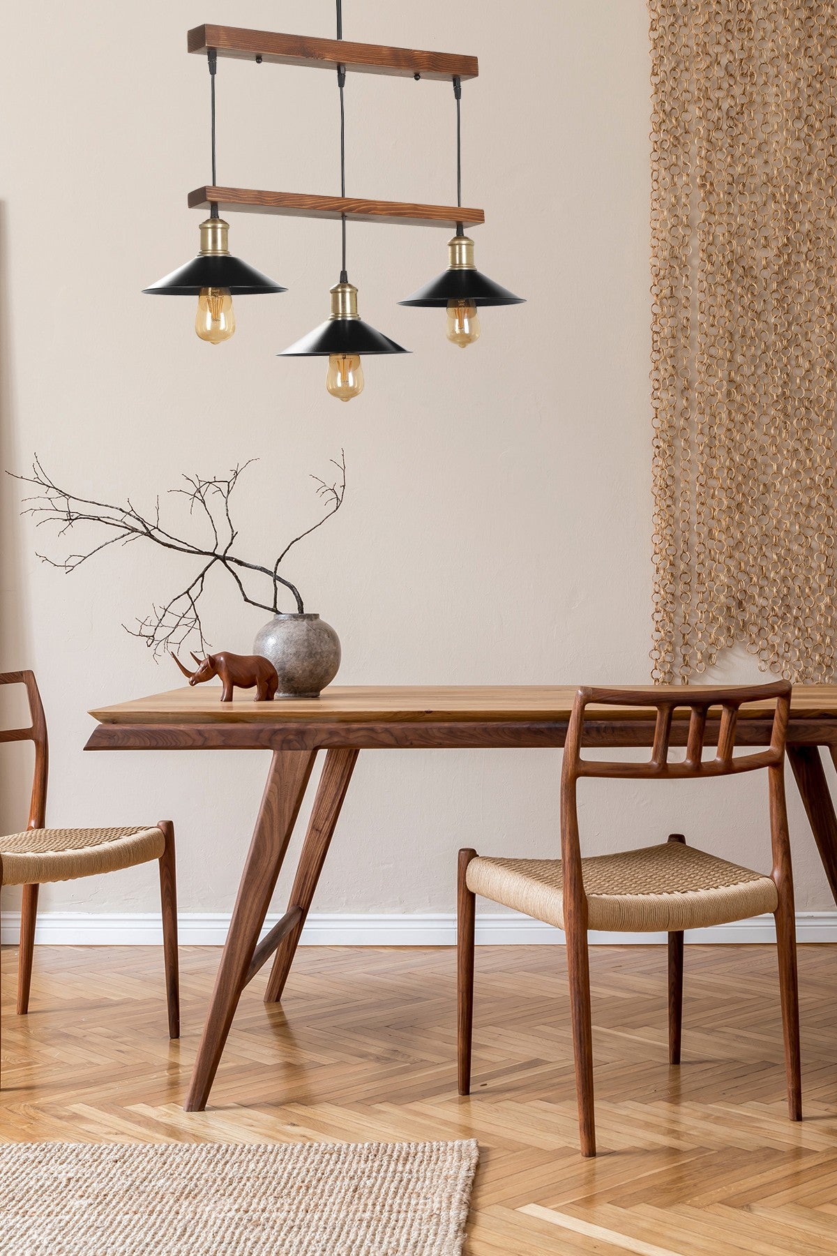 Candeeiro de Teto – 80 cm – Marrom e Preto – Madeira e Metal