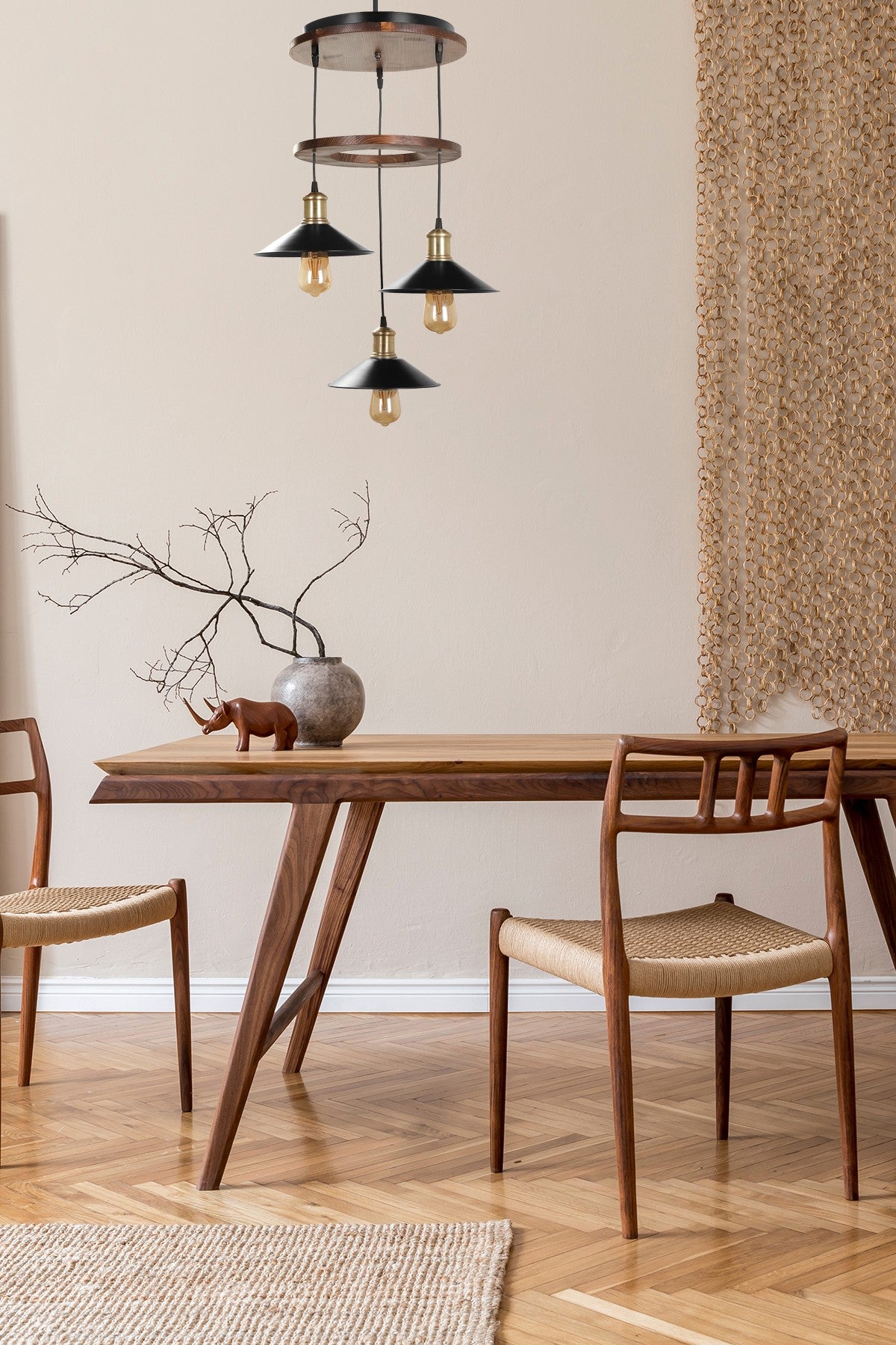 Candeeiro de Teto de Madeira e Metal – 35 cm – Marrom e Preto