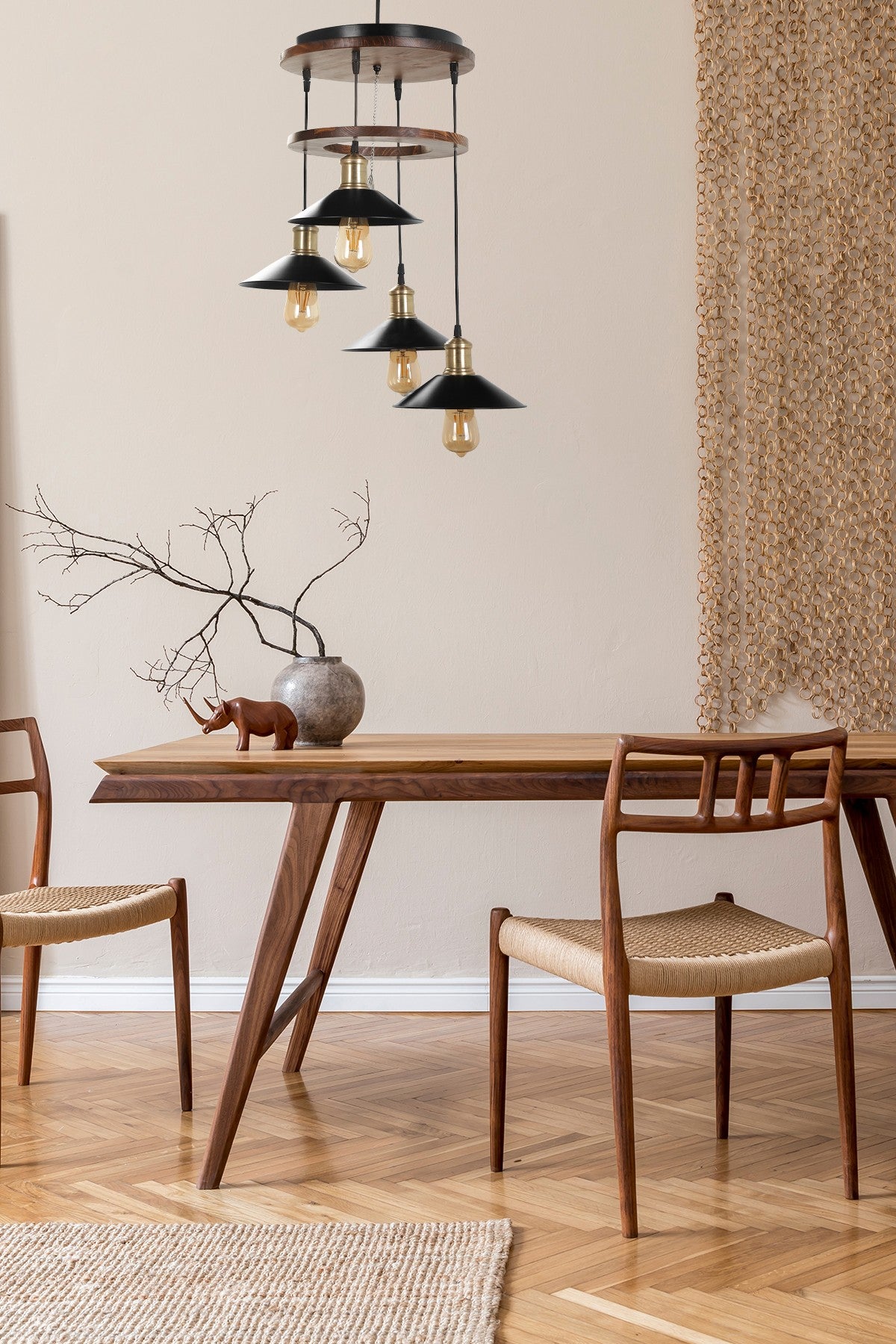 Candeeiro de Teto de Madeira e Metal – 35 cm diâmetro – Marrom e Preto