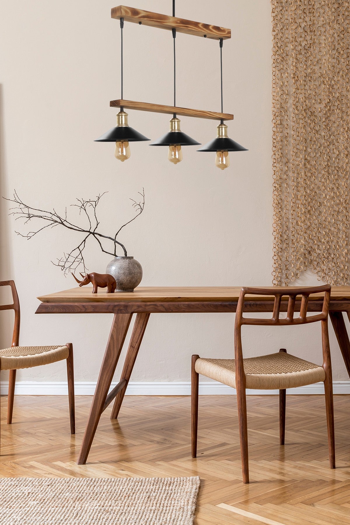 Candeeiro de Teto – 80 cm – Marrom e Preto – Madeira e Metal