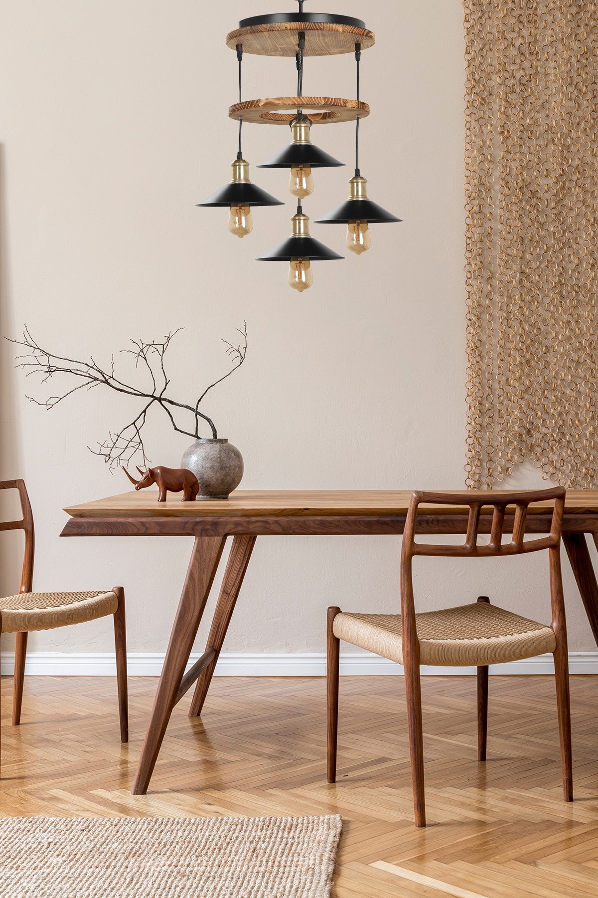 Candeeiro de Teto – 35 cm – Marrom e Preto – Madeira e Metal