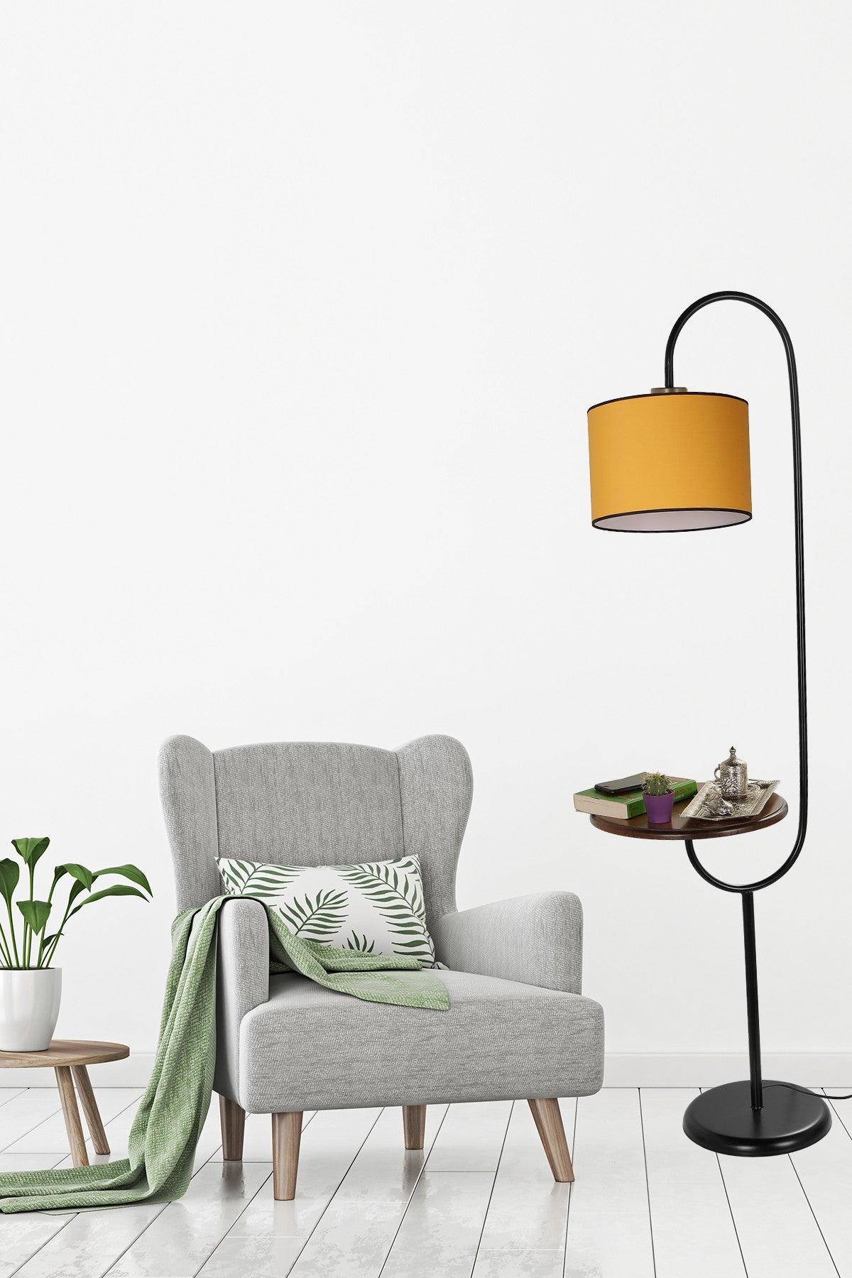 Candeeiro de Pé - 160 cm - Mostarda - Metal e Tecido