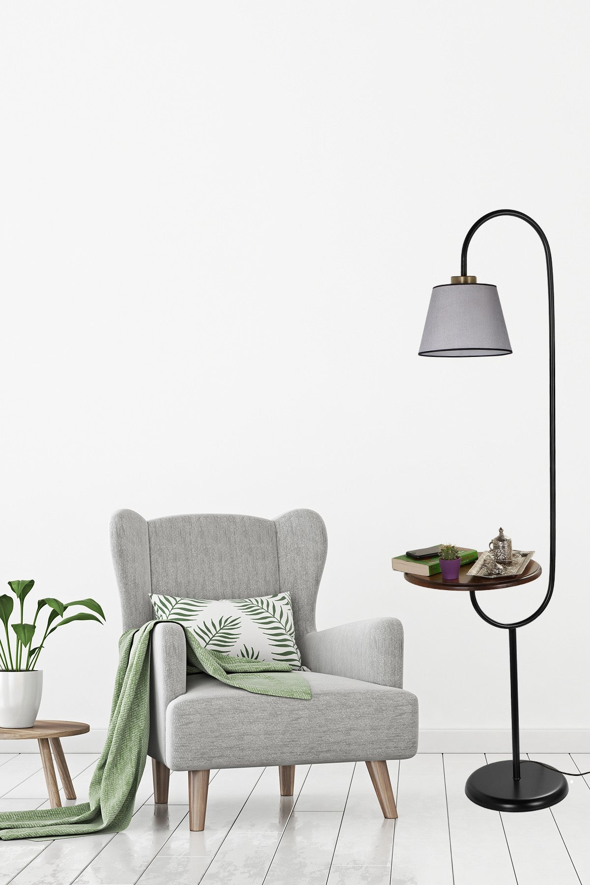 Candeeiro de Pé – 160 cm – Cinza – Metal e Tecido