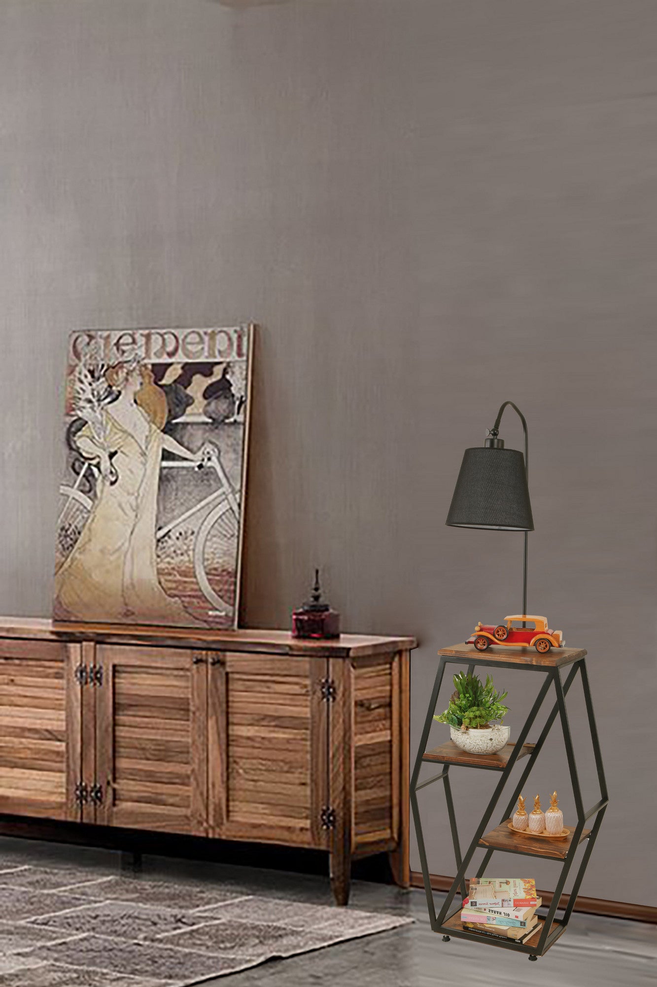 Candeeiro de Pé – 165 cm – Preto – Metal e Madeira