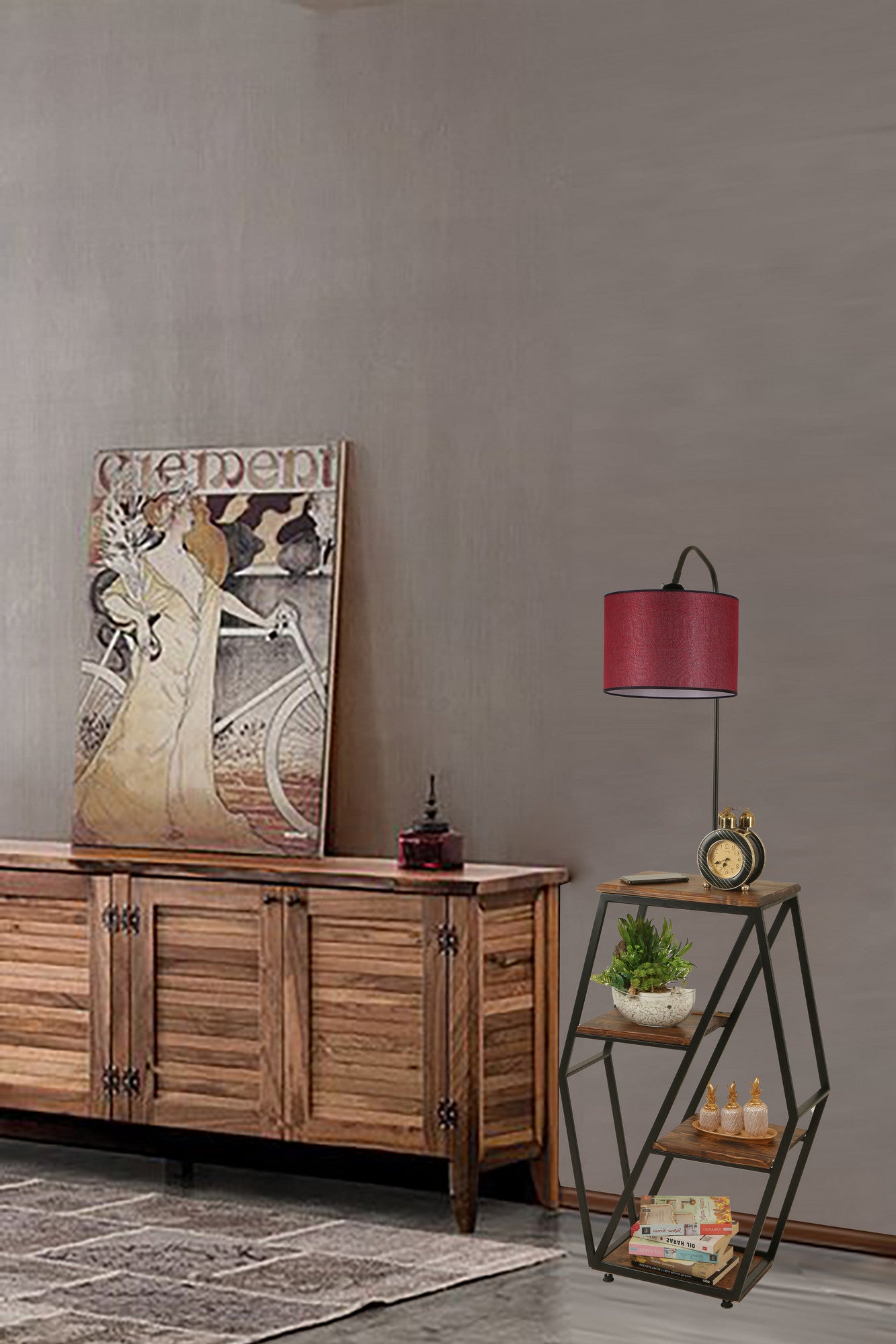 Candeeiro de Pé – 165 cm – Vermelho Carmim – Metal e madeira