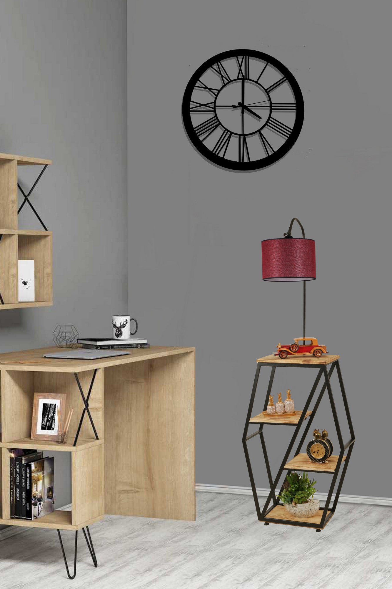 Candeeiro de Pé – 165 cm – Vermelho Carmim – Metal e Madeira de Fir