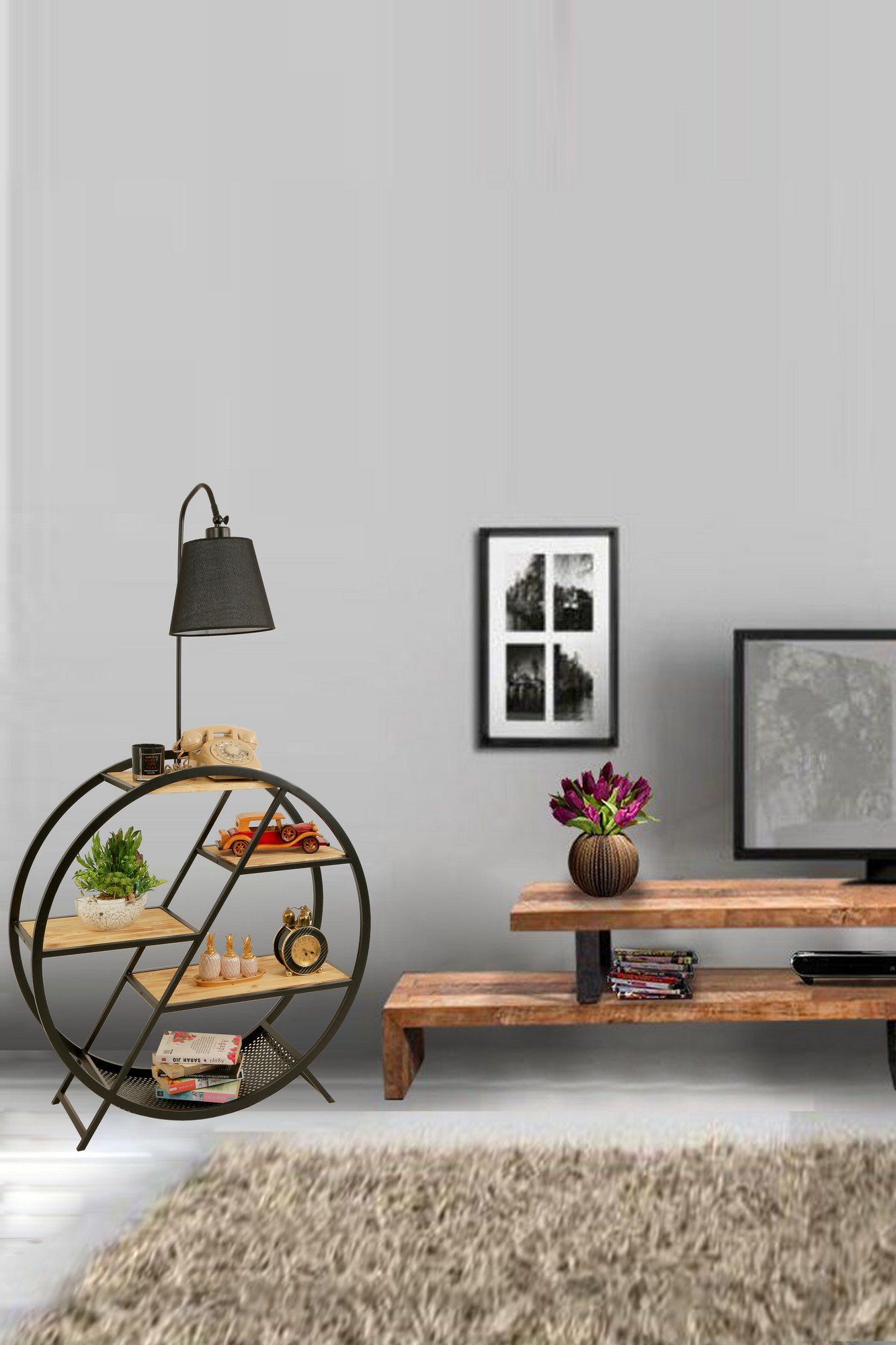 Candeeiro de Pé – 165 cm – Preto – Metal e Madeira de Fir