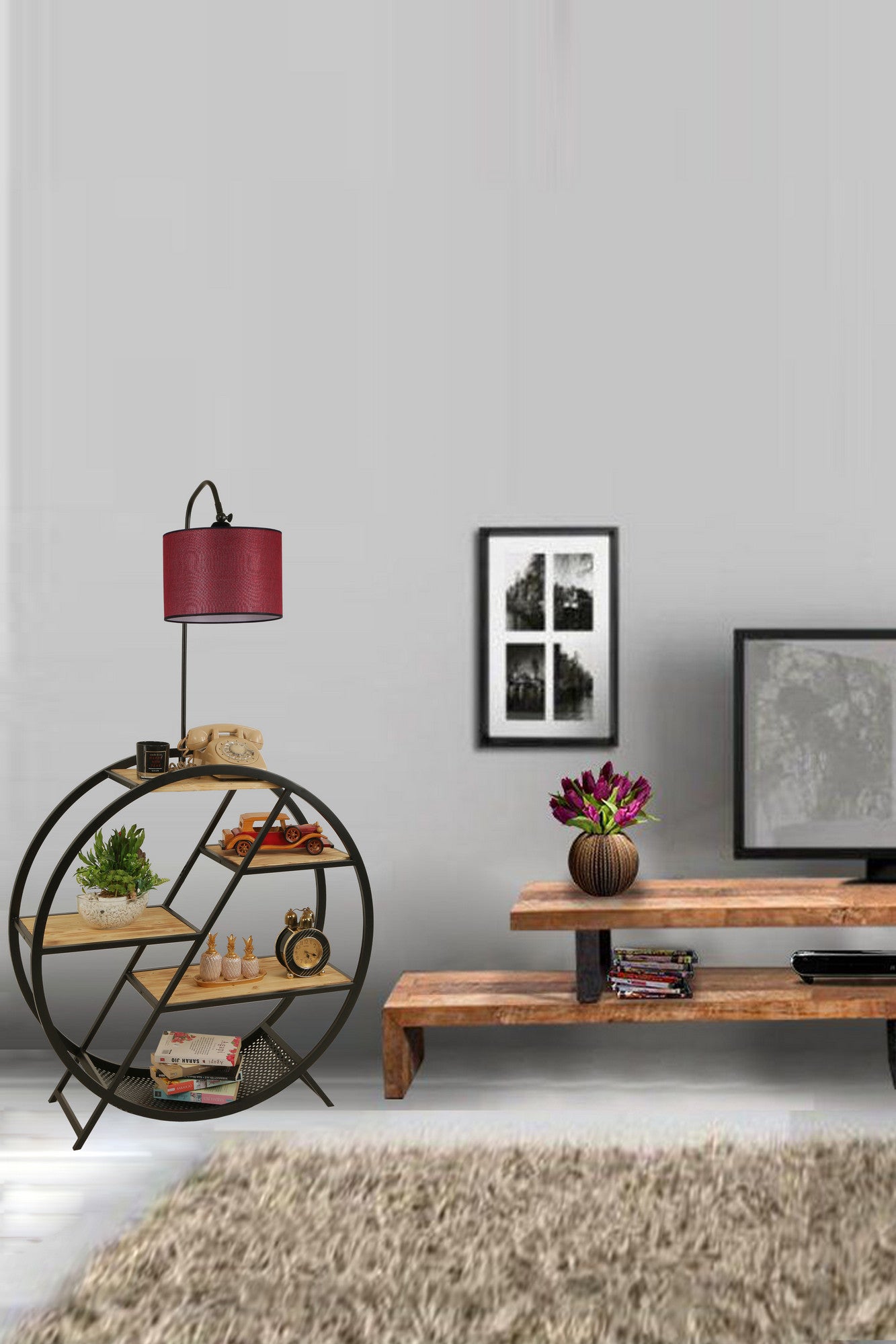 Candeeiro de Pé – 165 cm – Vermelho Bordeaux – Metal e Madeira de Fir