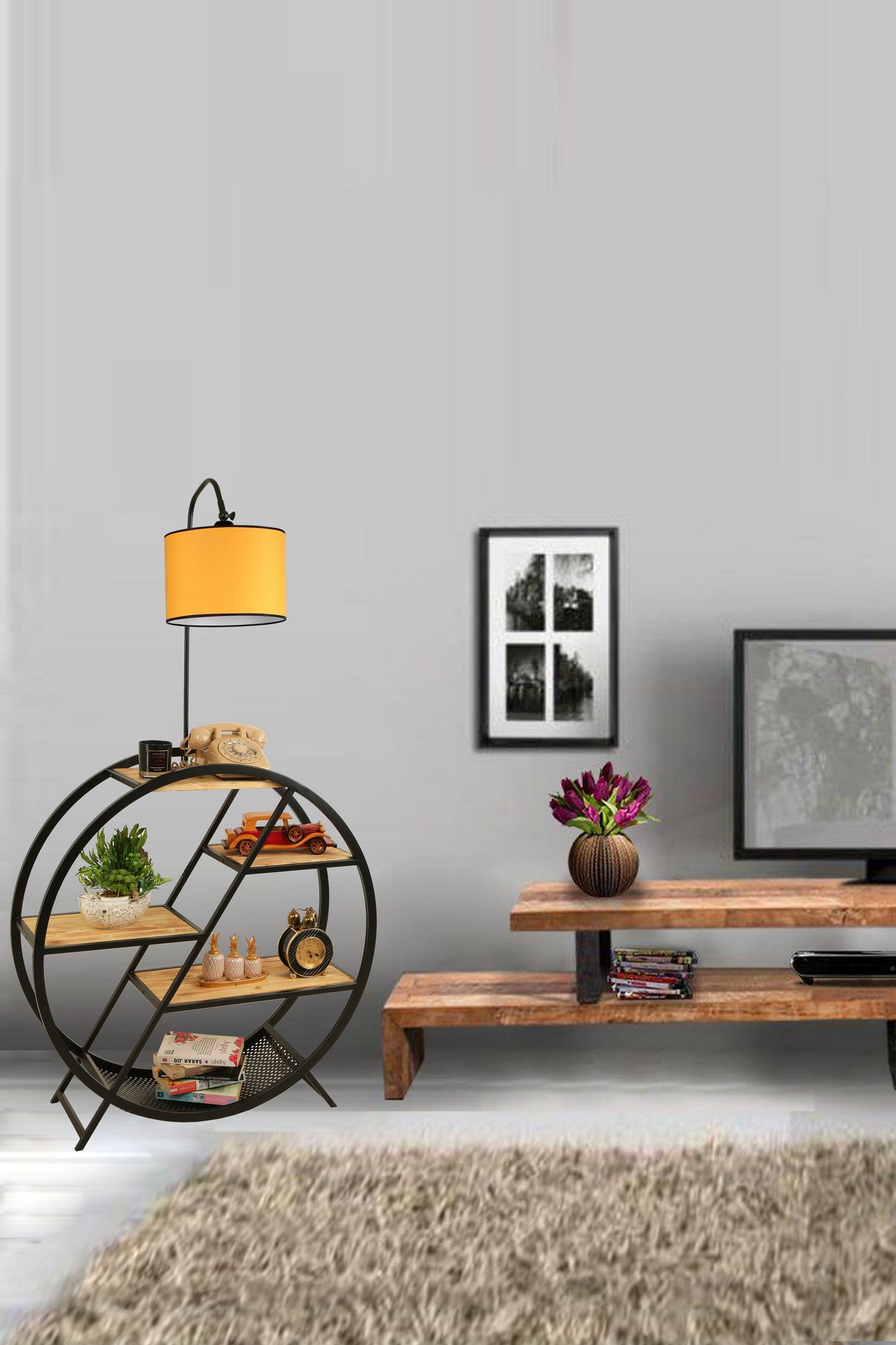 Candeeiro de Pé – 90 x 28 cm – Amarelo – Metal e Madeira de Fir