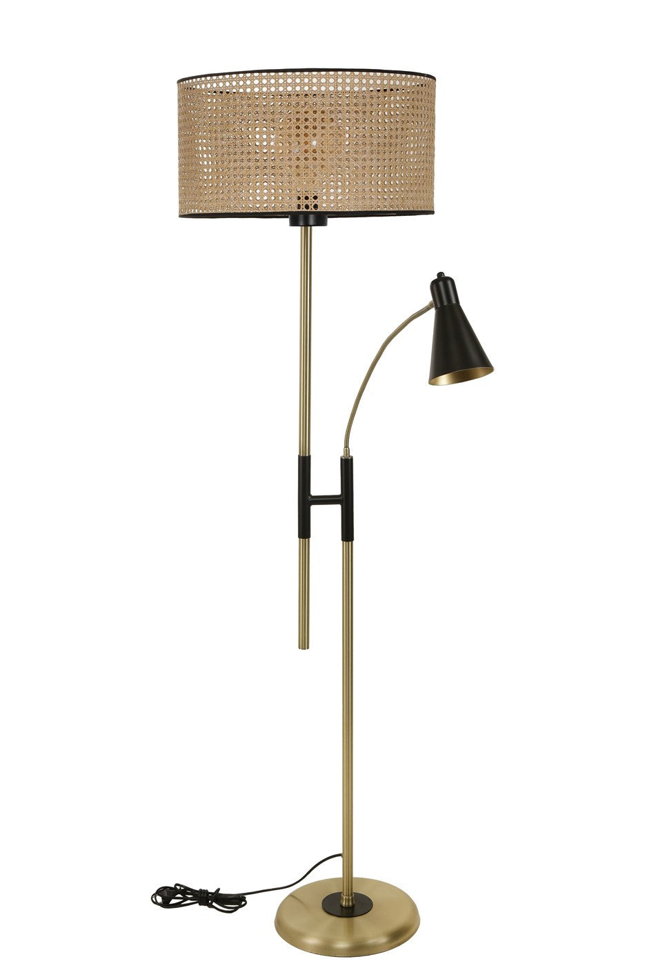 Candeeiro de Pé – 165 cm – Preto e Vime – Metal e Tecido