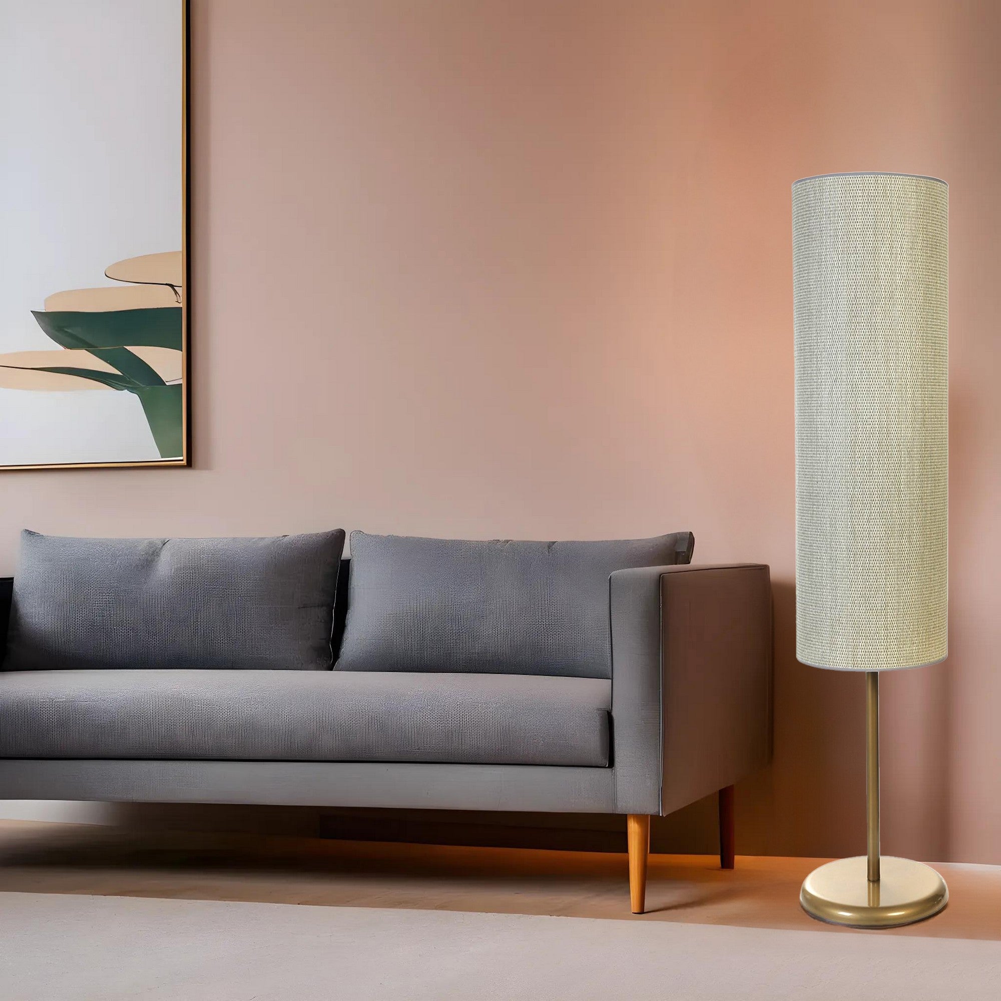 Candeeiro de Pé – 30 cm de diâmetro e 140 cm de altura – Carvalho e Dourado – Metal e Bambu