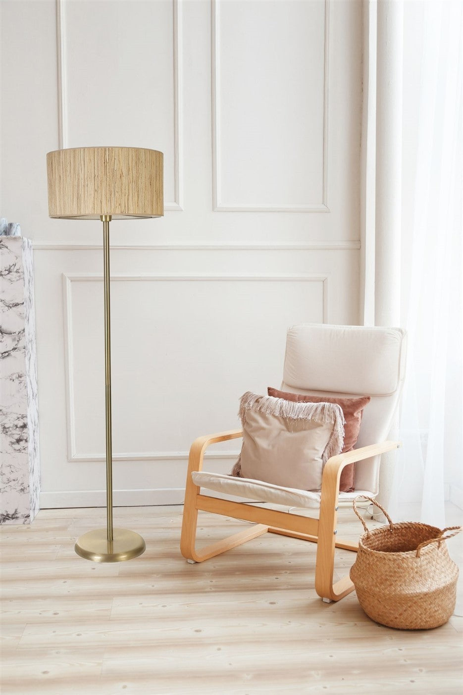 Candeeiro de Pé – 162 cm – Carvalho e Ouro – Metal e Bambu