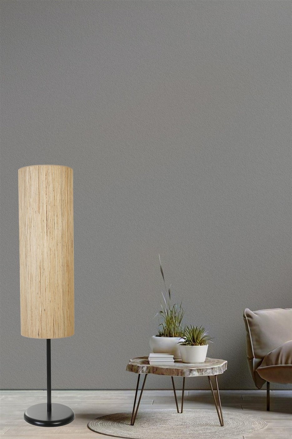 Candeeiro de Pé – 140 cm – Preto e Carvalho – Metal e Bambu