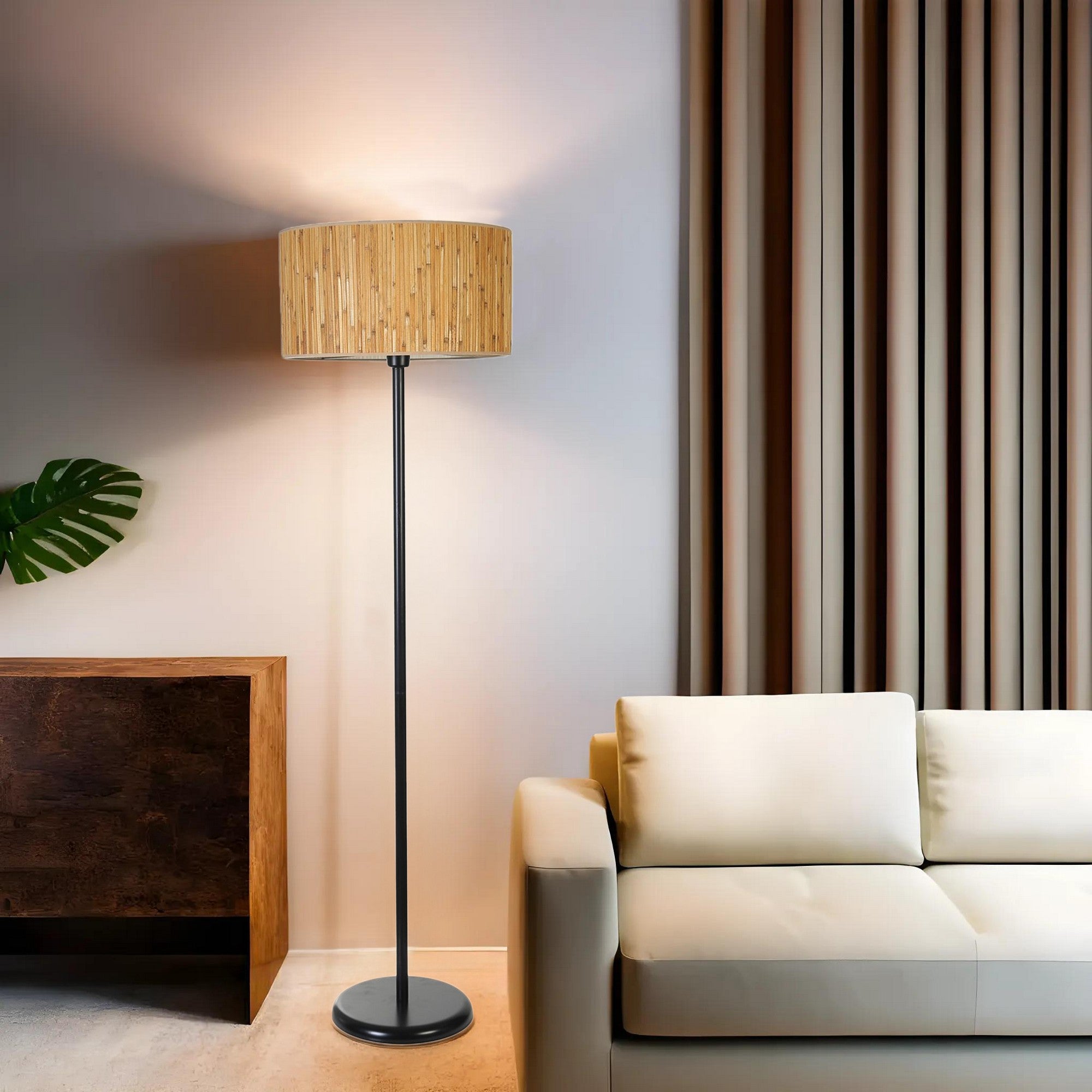 Candeeiro de Pé – 162 cm – Preto e Carvalho – Metal e Bambu