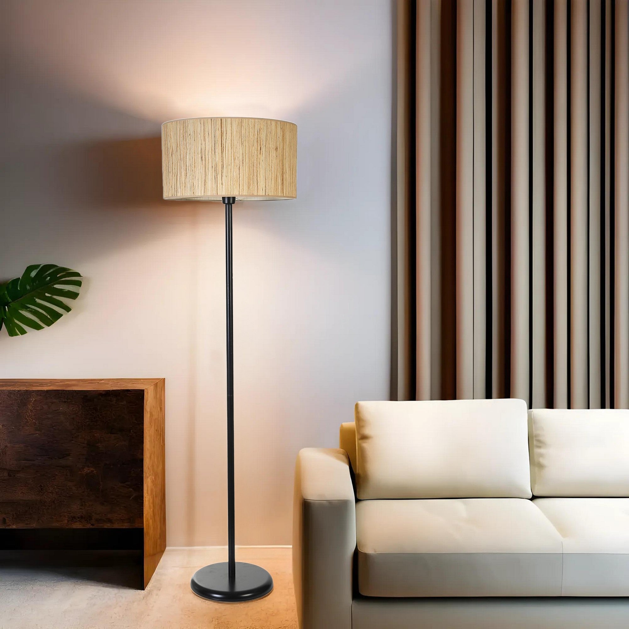 Candeeiro de Pé – 162 cm – Preto e Carvalho – Metal e Bambu