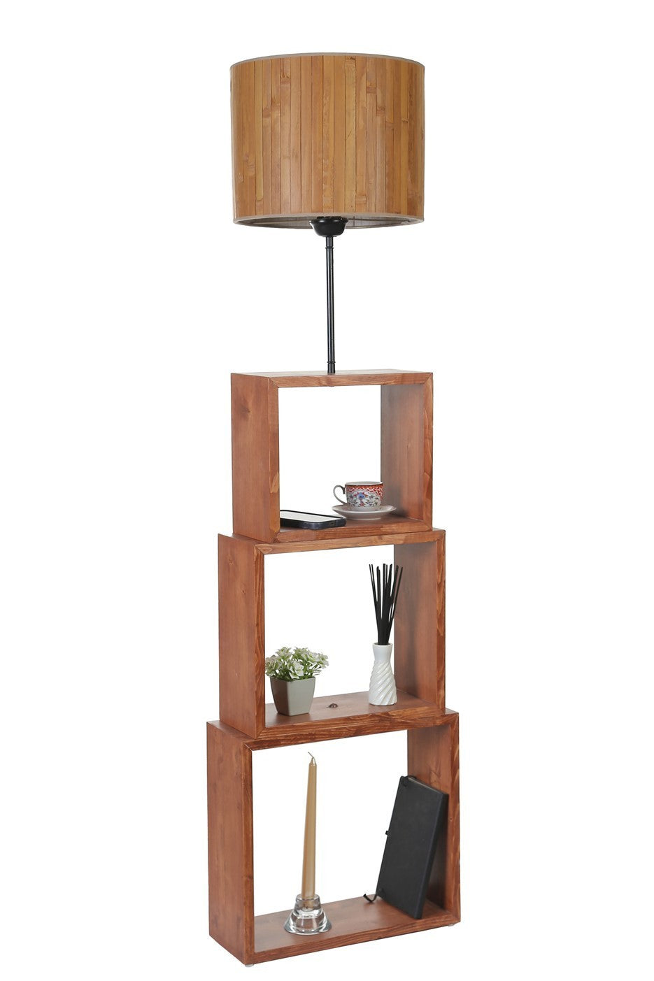 Candeeiro de Pé – 140 cm – Madeira e Noz – Metal e Tecido
