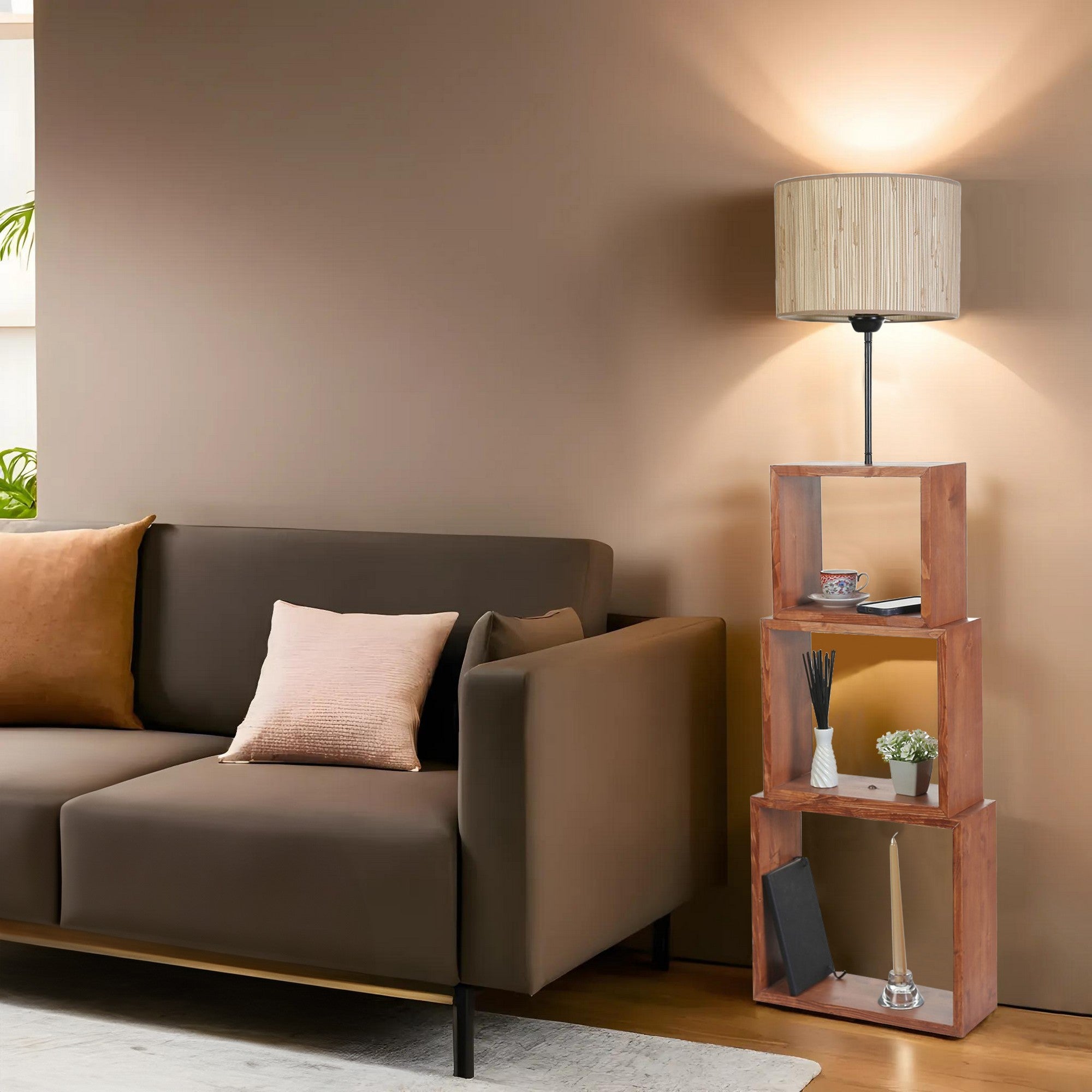 Candeeiro de Pé – 140 cm – Creme e Noz – Metal