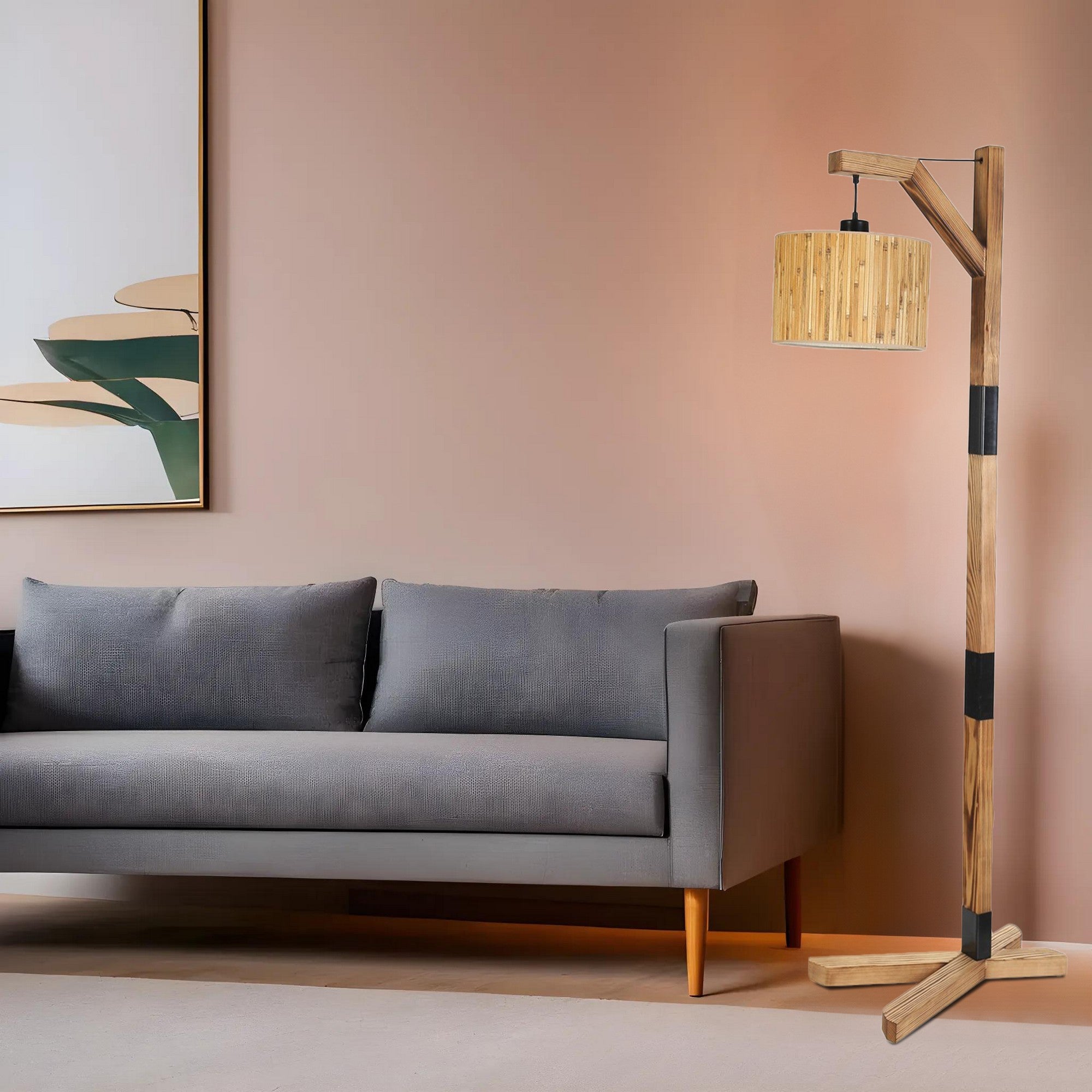 Candeeiro de Pé – 175 cm – Carvalho, Preto – Metal e Tecido