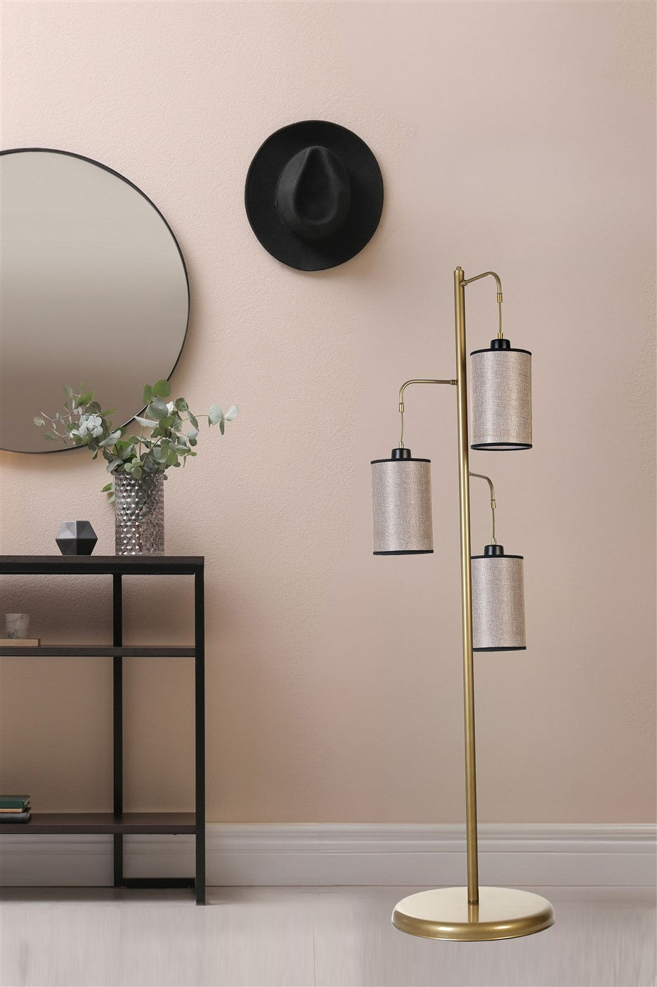 Candeeiro de Pé – 150 cm – Dourado e Cinza – Metal
